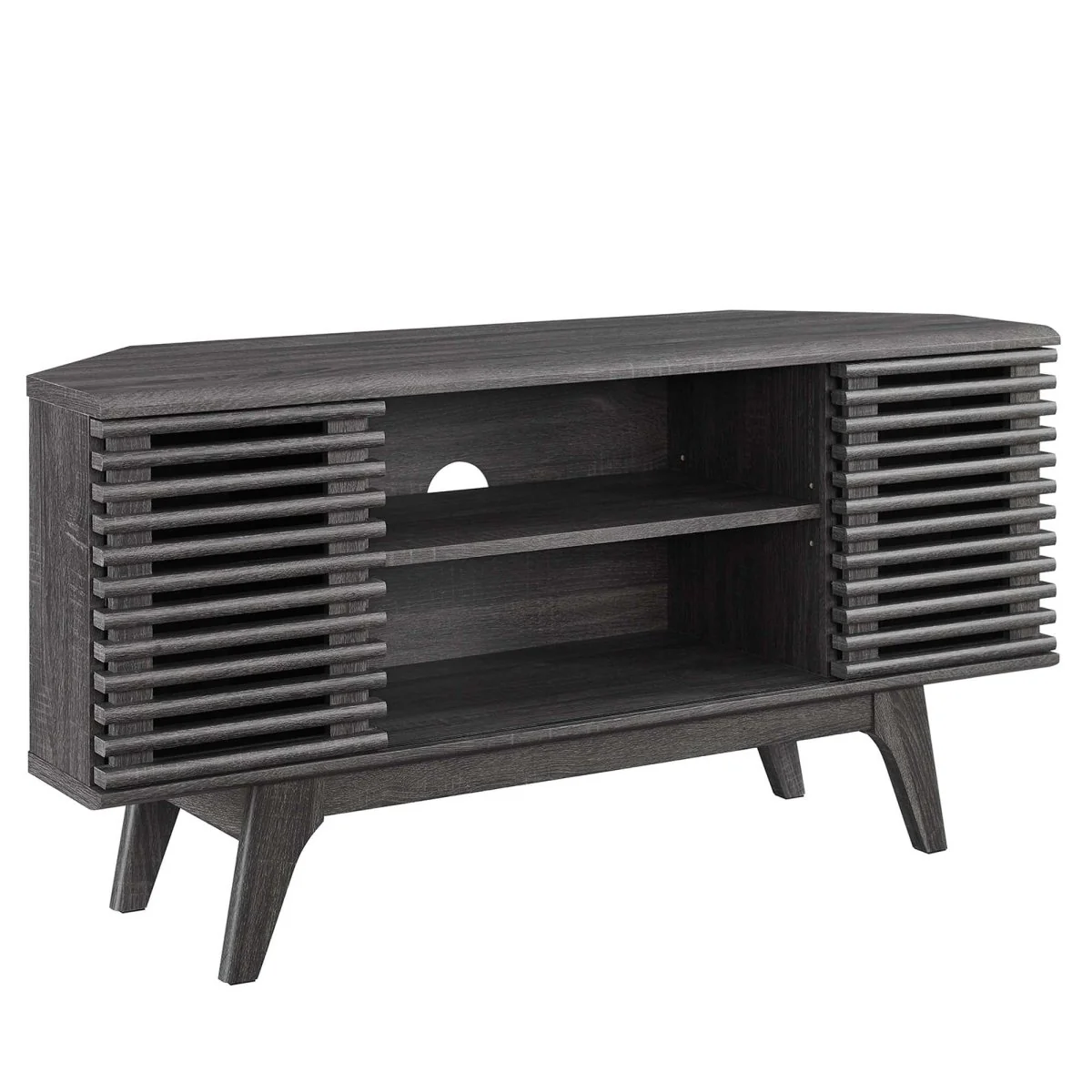 Mid Century Modern Corner TV Stand with Sliding Doors and Shelves 46 Inch