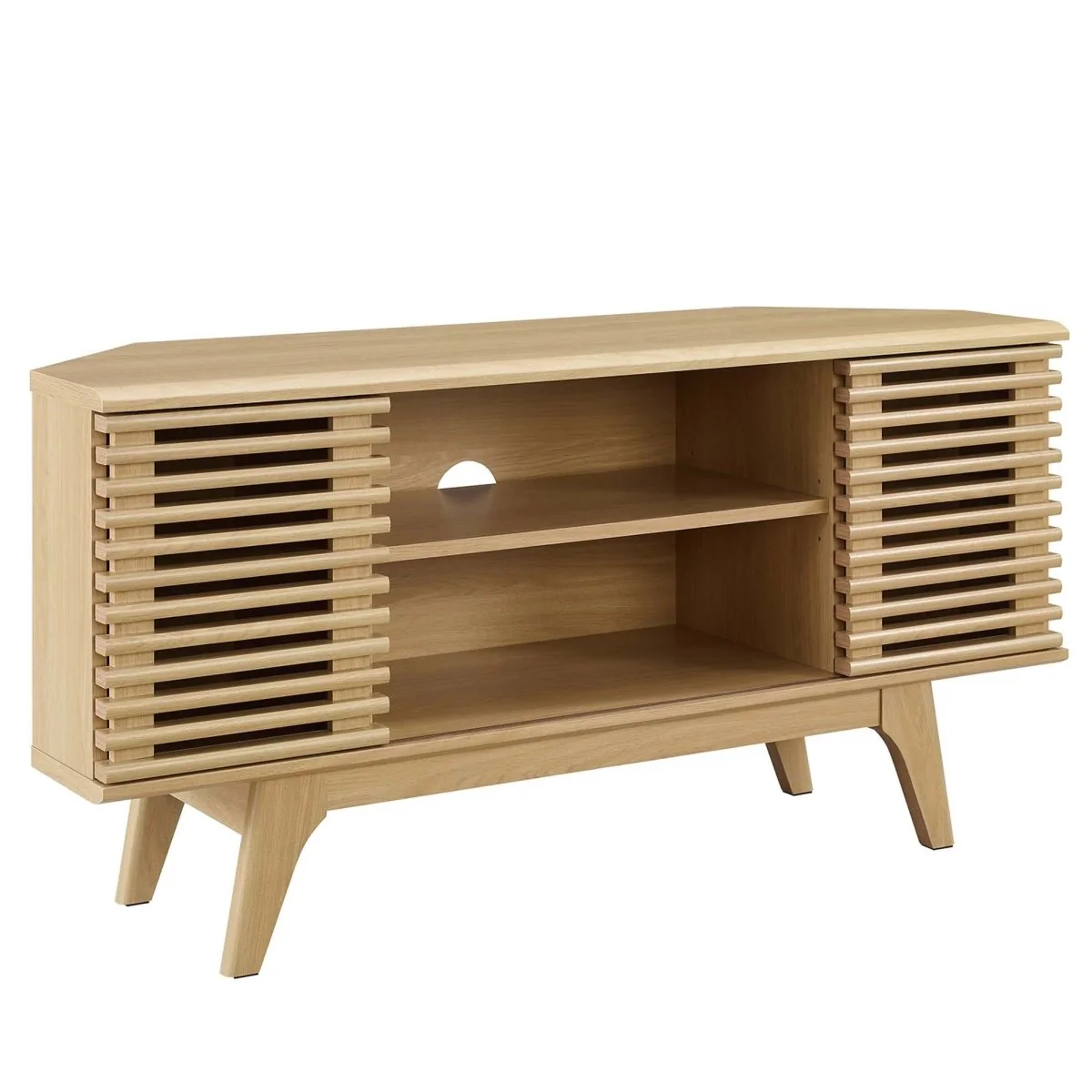 Mid Century Modern Corner TV Stand with Sliding Doors and Shelves 46 Inch - Image 10