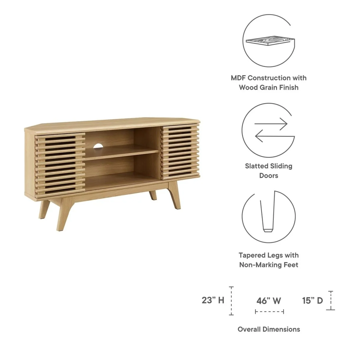 Mid Century Modern Corner TV Stand with Sliding Doors and Shelves 46 Inch - Image 14