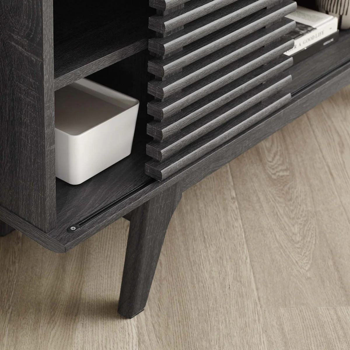 Mid Century Modern Corner TV Stand with Sliding Doors and Shelves 46 Inch - Image 5