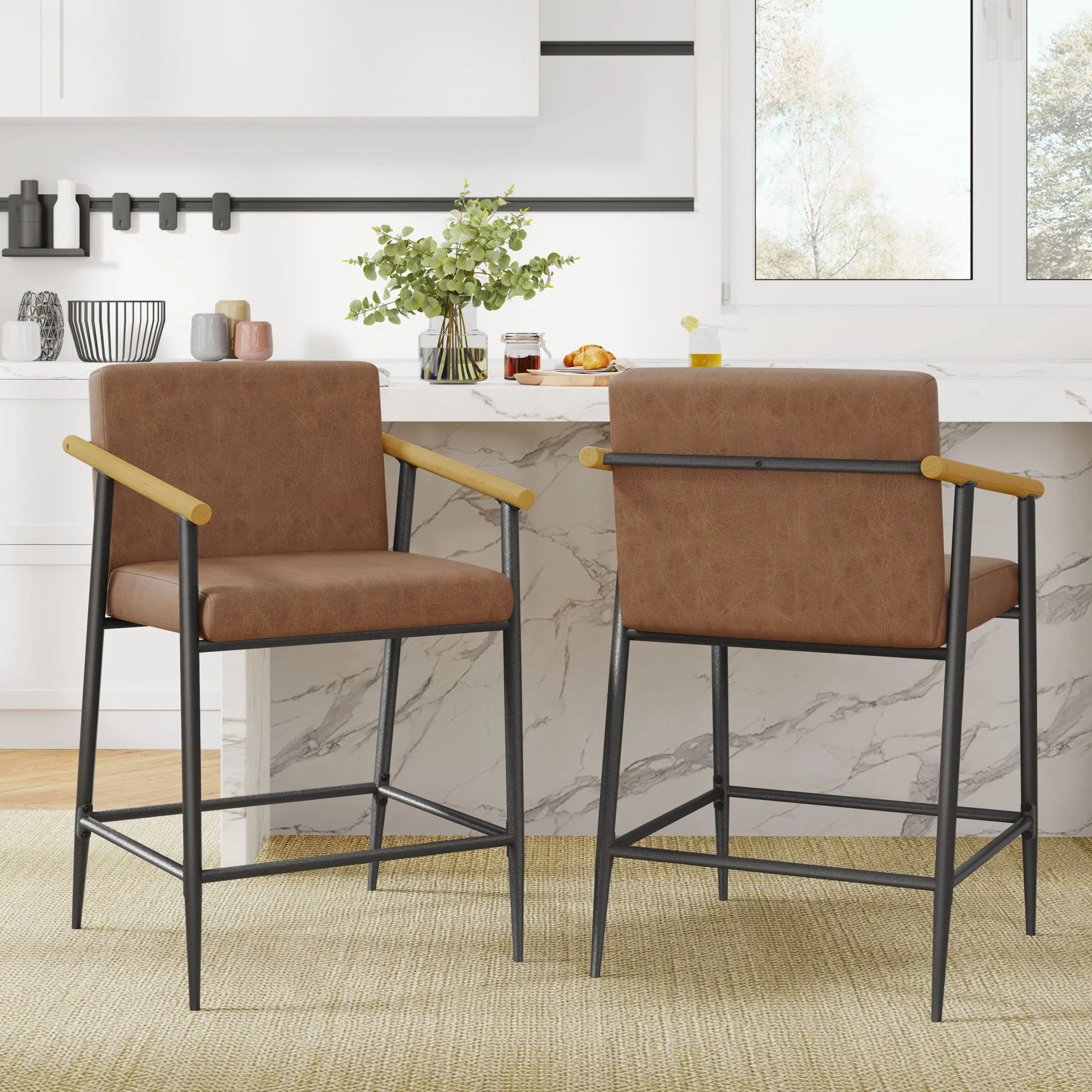 Mid Century Modern Counter Stool Set With Iron Frame - Image 17