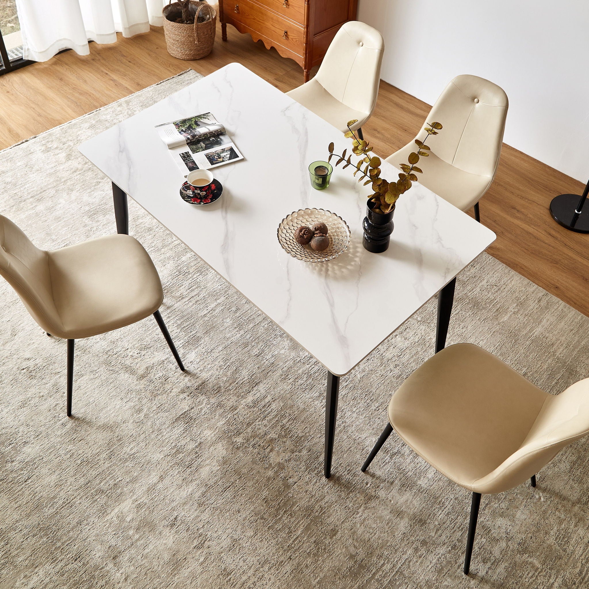 Mid Century Modern Dining Table Round White Sintered Stone Top Heavy Duty Metal Legs Waterproof Surface For Kitchen Dining Room Or Office Furniture - White / Black - Image 3