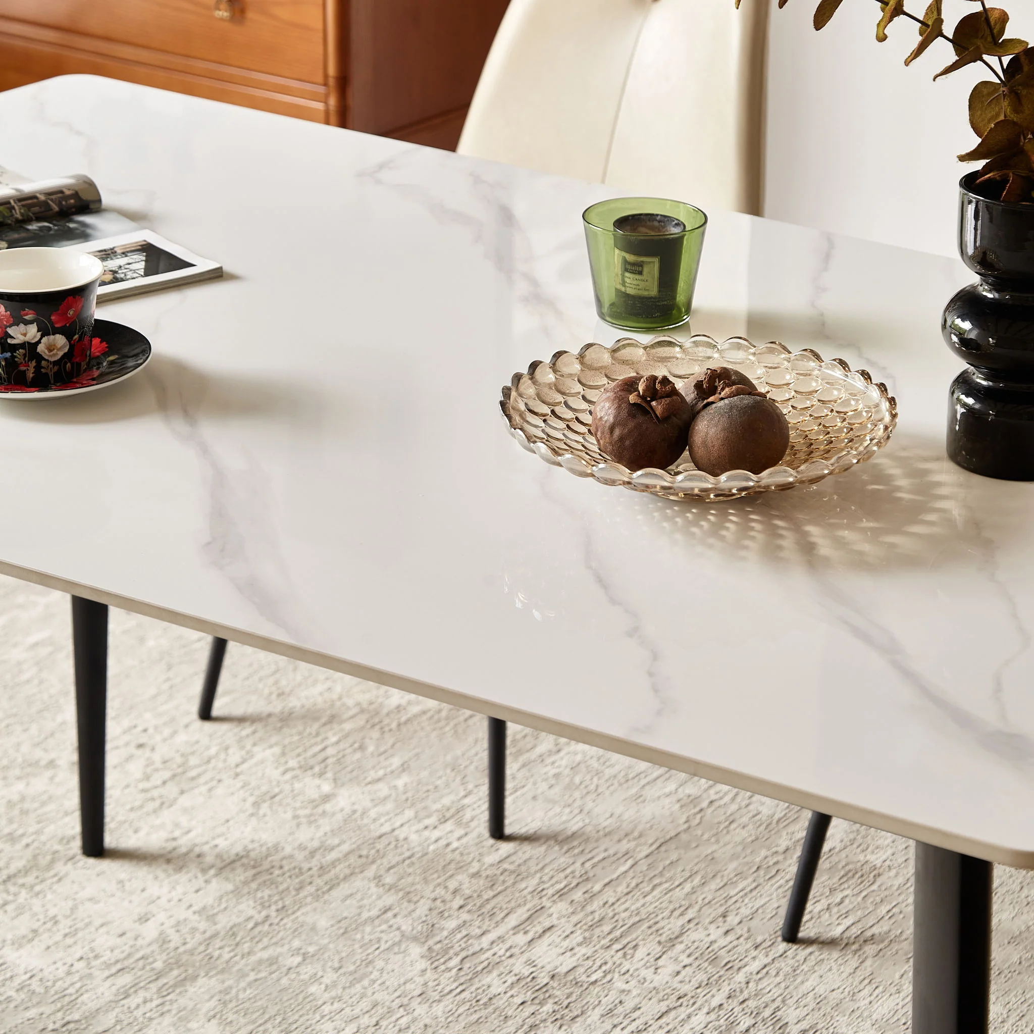 Mid Century Modern Dining Table Round White Sintered Stone Top Heavy Duty Metal Legs Waterproof Surface For Kitchen Dining Room Or Office Furniture - White / Black - Image 7