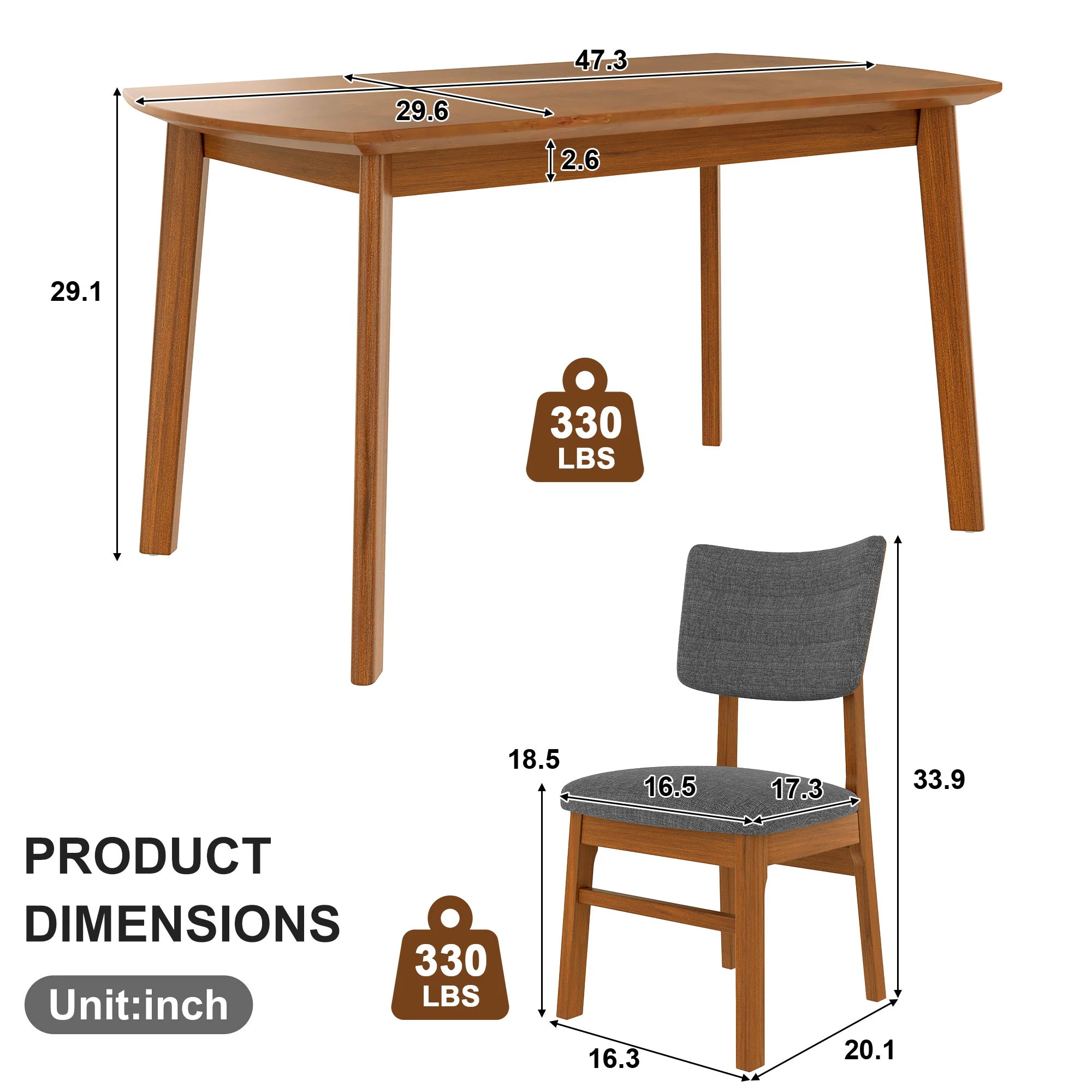 Mid Century Modern Dining Table Set For 4, Solid Wood Dining Table And Solid Wood Chairs, 5 Pieces Farmhouse Dining Table And 4 Upholstered Chairs - Brown / Gray - Image 2