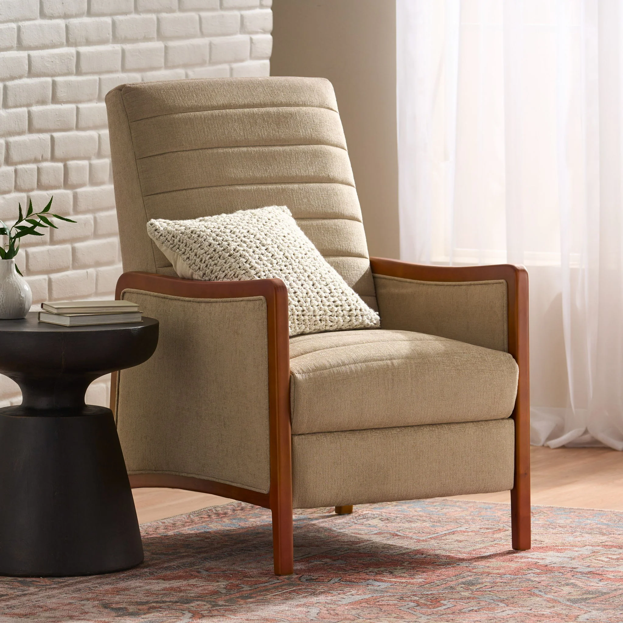 Mid Century Modern Fabric Channel Stitch Wood Pushback Recliner - Image 6