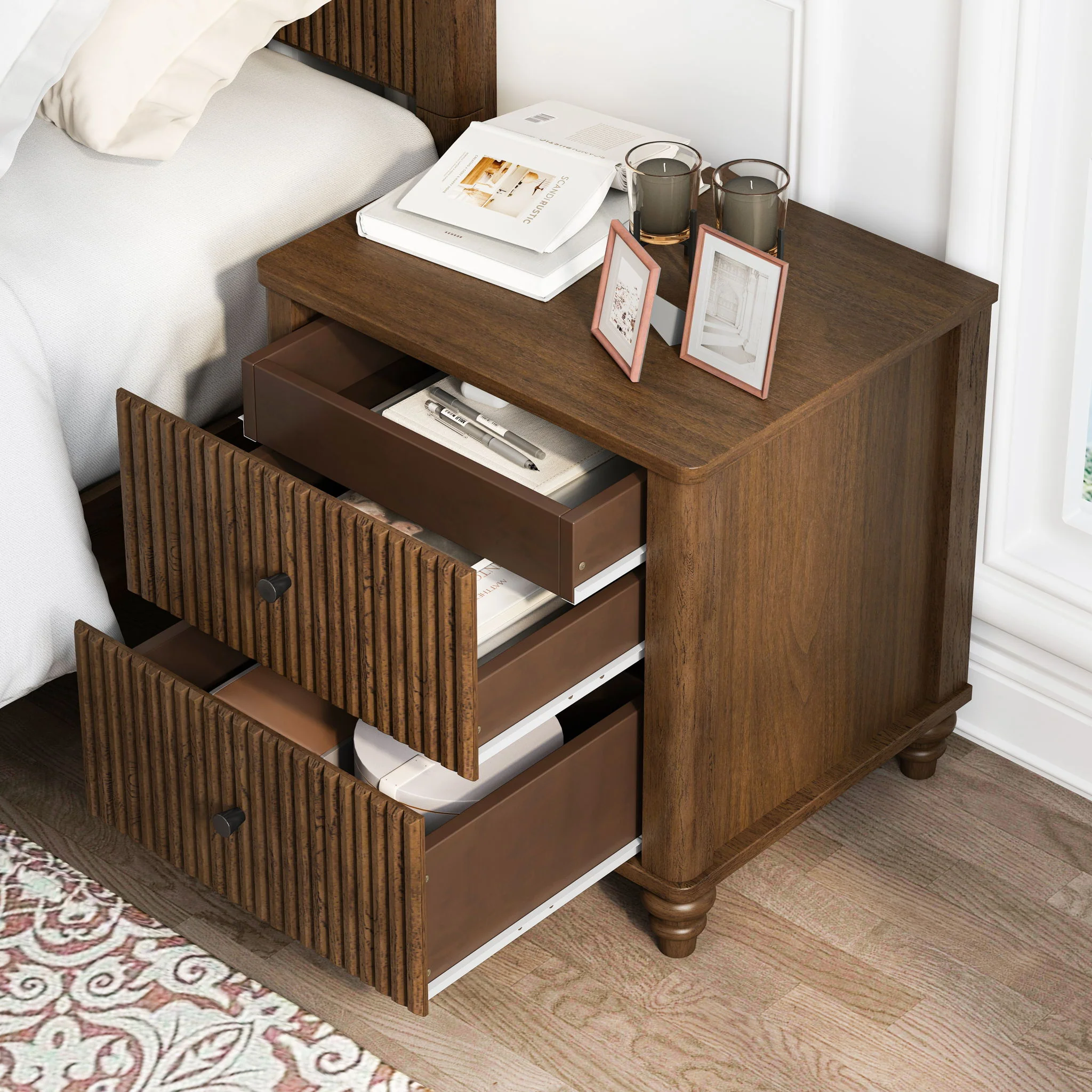 Mid Century Modern Fluted Nightstand 2 Piece Set With 3 Drawers - Walnut - Image 2