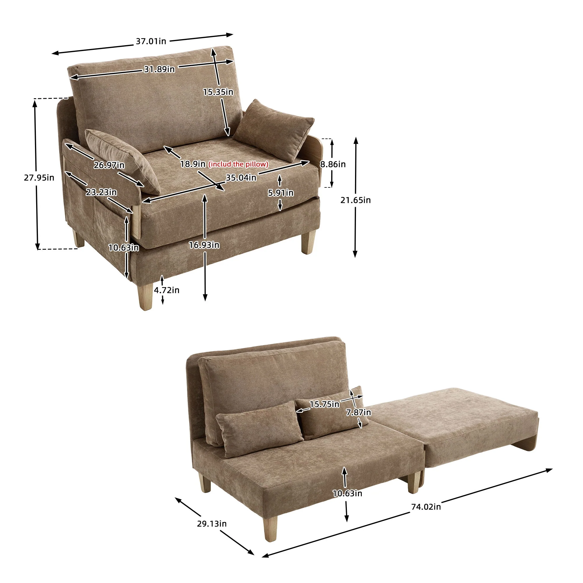 Mid Century Modern Foldable Sofa Bed, 3 In 1 Convertible Sleeper With 3 Pillows - Image 24