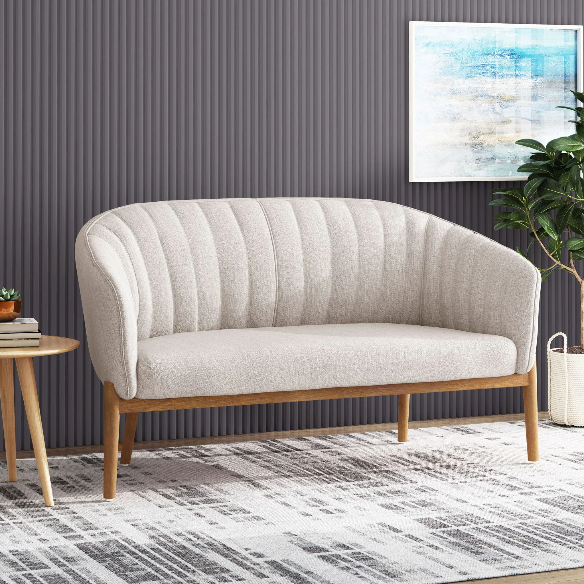 Mid Century Modern Loveseat With Channel Stitched Backrest - Image 6