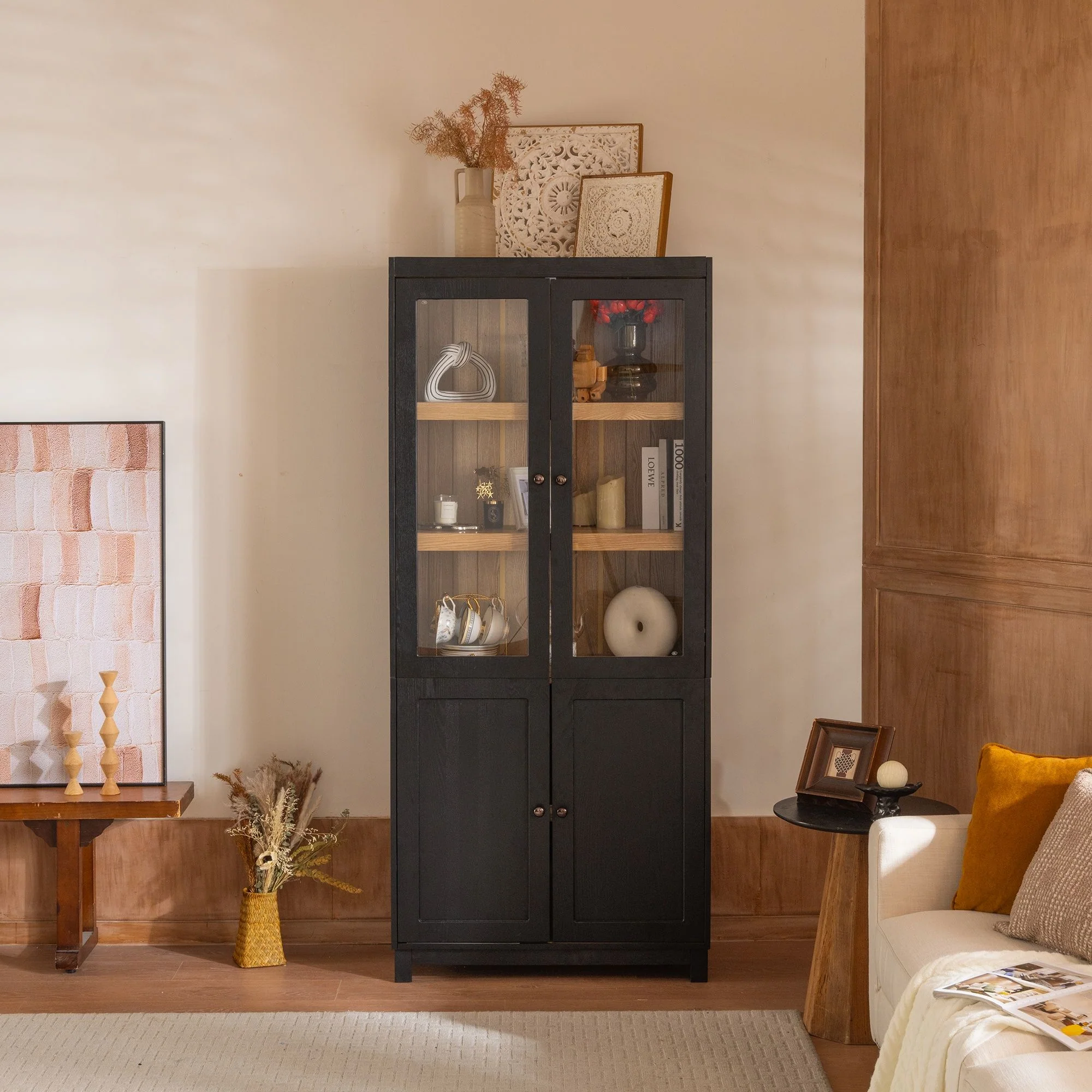Mid Century Modern Style Tall Display Cabinet With Glass Doors For Collectibles - Black - Image 5