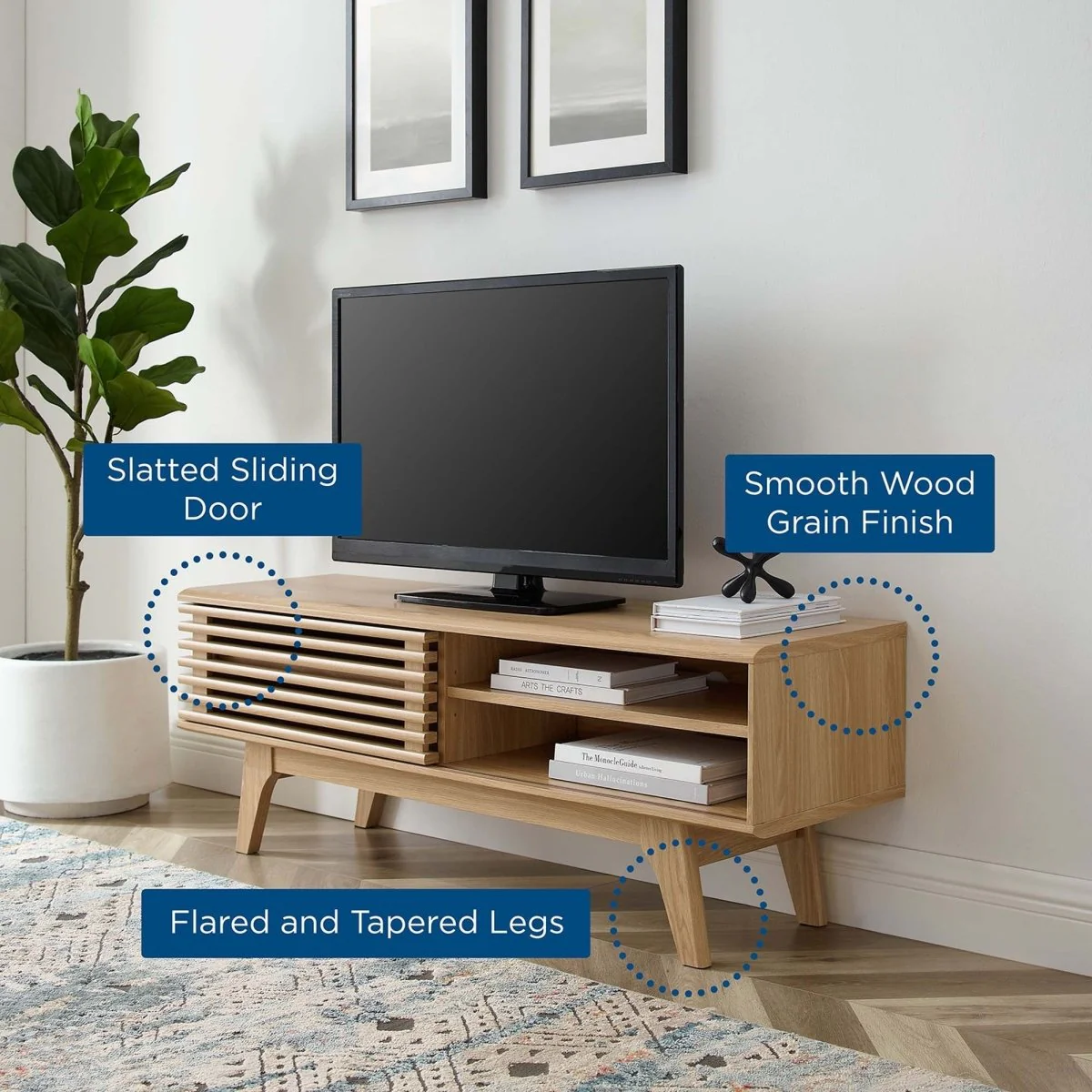 Mid Century Modern TV Stand with Slatted Sliding Door and Storage 48 Inch - Image 8