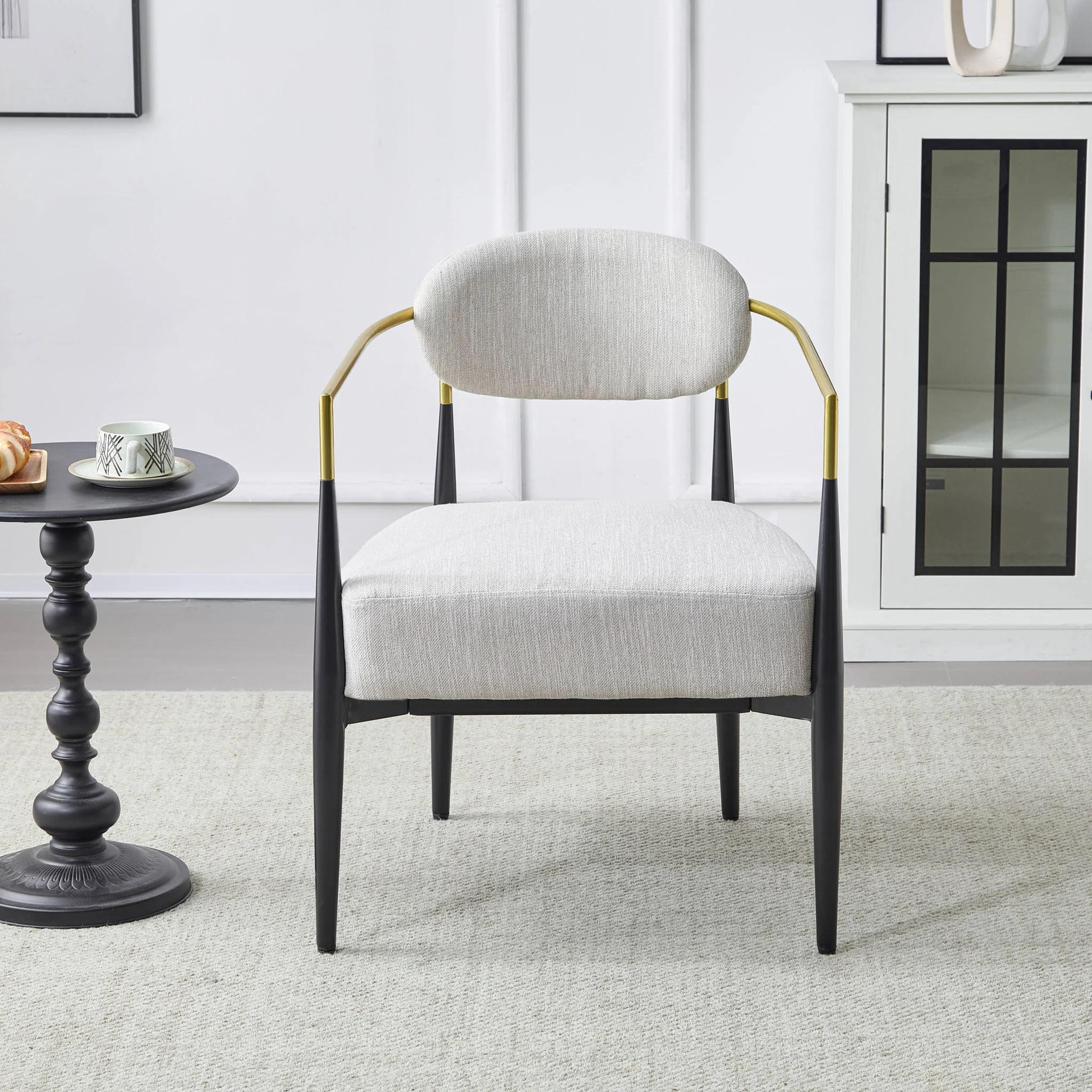 Mid Century Modern Upholstered Accent Armchair With Tapered Legs - Beige / Black / Gold - Image 8