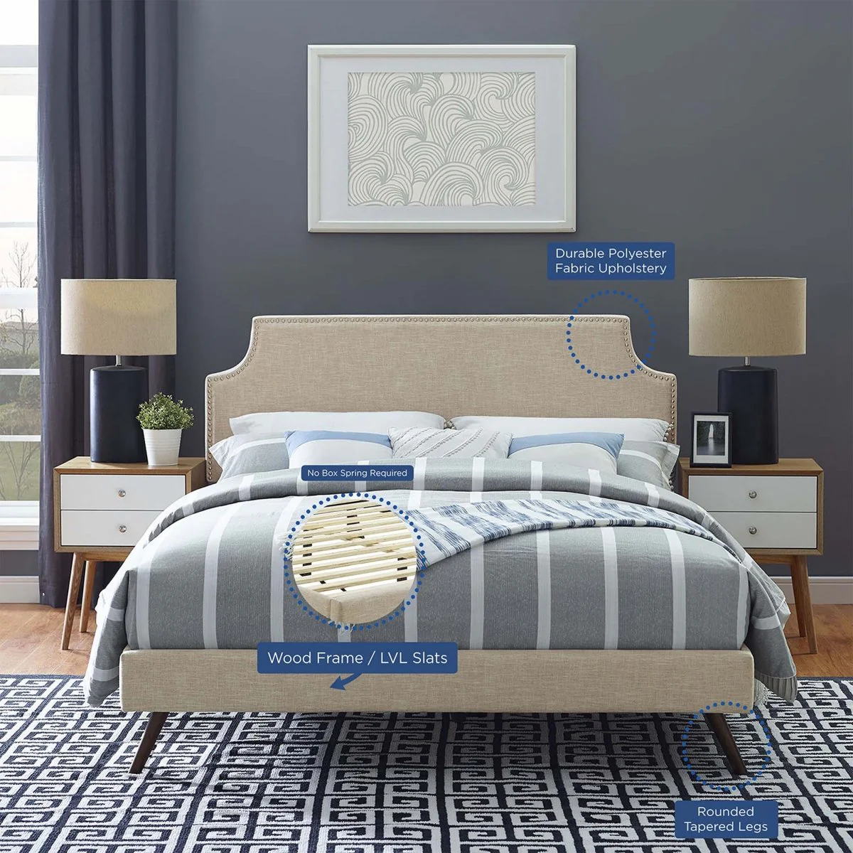 Mid-Century Modern Upholstered Fabric Queen Platform Bed in Beige - Image 2