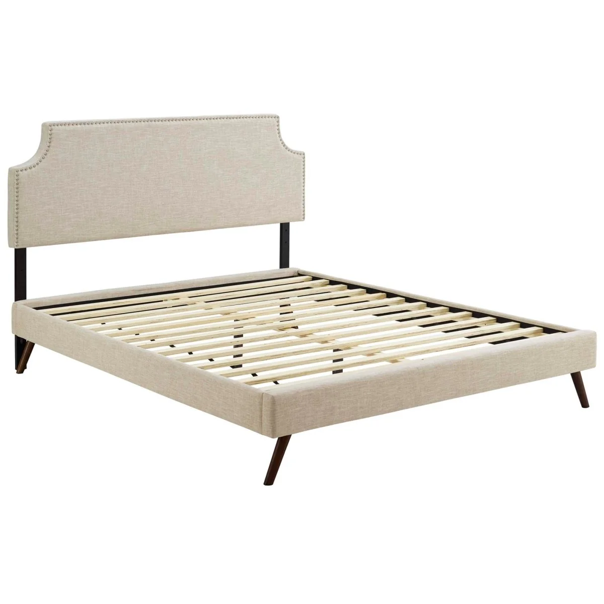 Mid-Century Modern Upholstered Fabric Queen Platform Bed in Beige - Image 5