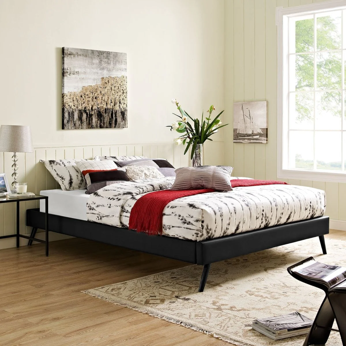 Mid-Century Modern Upholstered Vinyl Bed Frame with Round Splayed Legs - Image 10