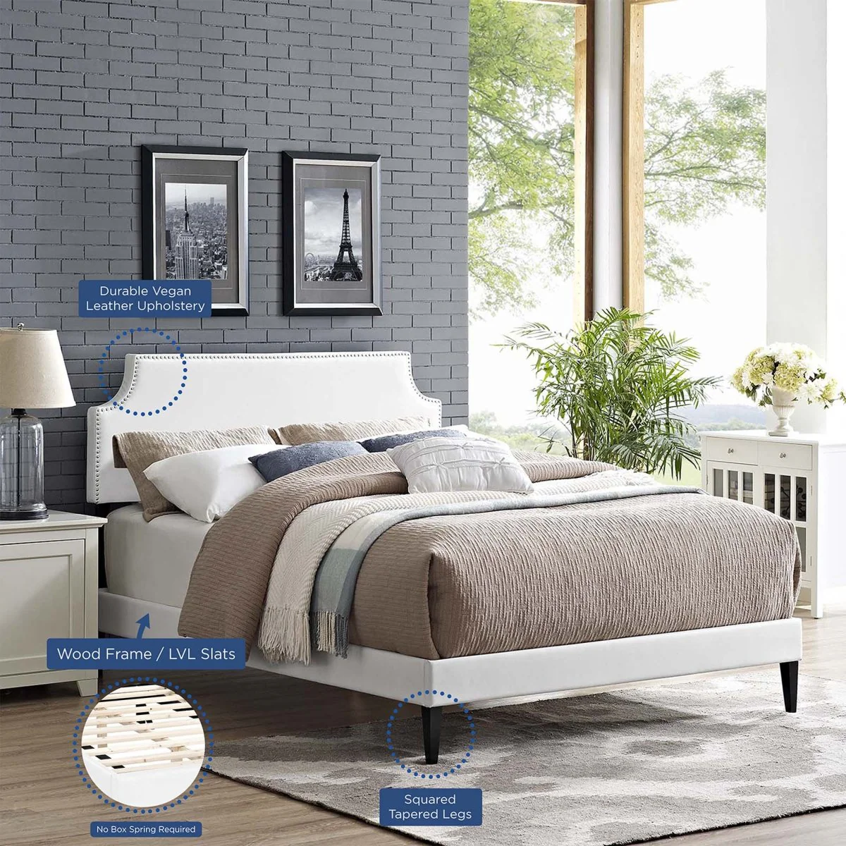 Mid-Century Modern Upholstered Vinyl Platform Bed in Wite - Image 2