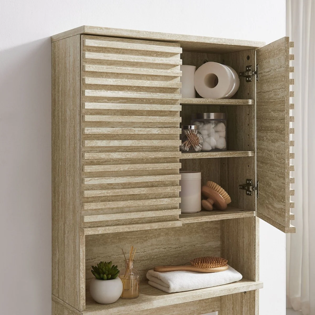 65" Faux Travertine Mid-Century Over-the-Toilet Bathroom Storage Cabinet - Image 4