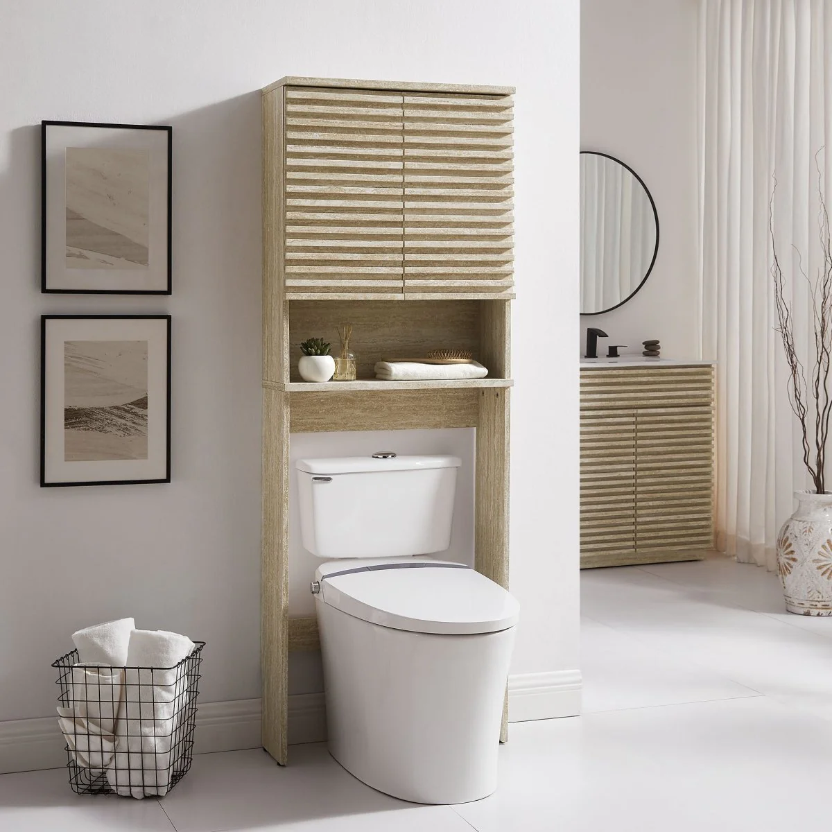 65" Faux Travertine Mid-Century Over-the-Toilet Bathroom Storage Cabinet - Image 9
