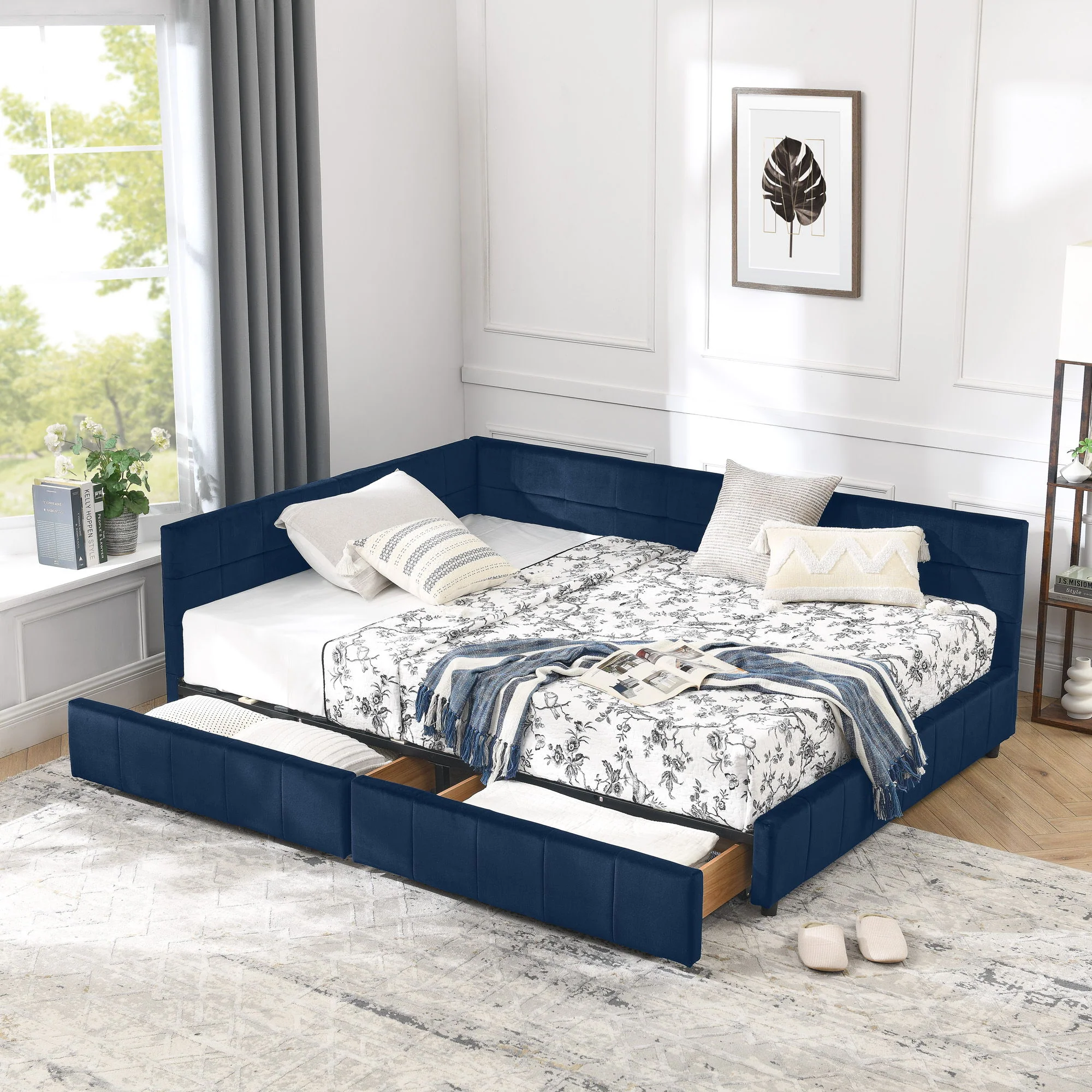 Mid-Century Storage Upholstered Tufted Bed Frame With Backrest And Armrests - Image 113