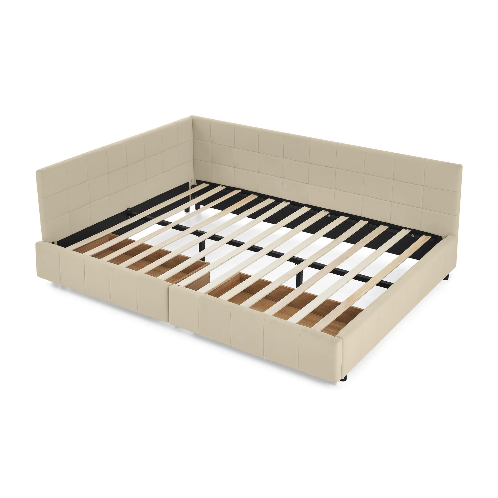 Mid-Century Storage Upholstered Tufted Bed Frame With Backrest And Armrests - Image 114