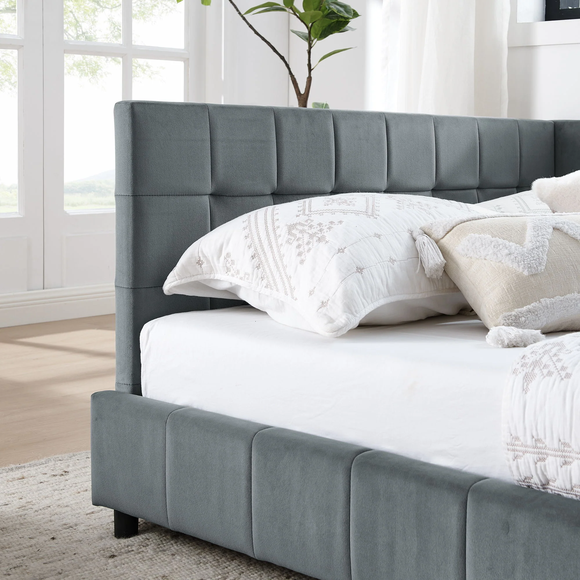 Mid-Century Storage Upholstered Tufted Bed Frame With Backrest And Armrests - Image 116