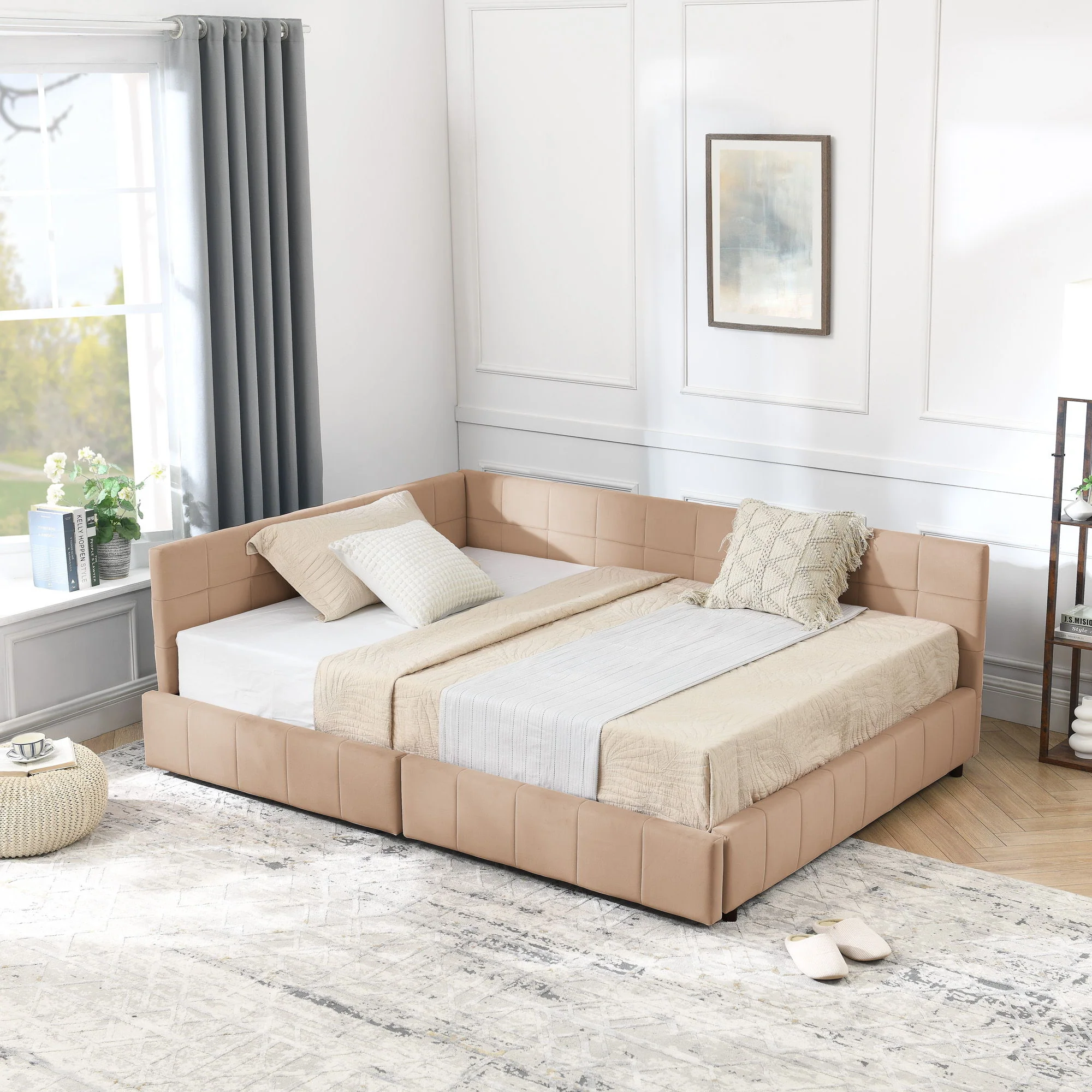 Mid-Century Storage Upholstered Tufted Bed Frame With Backrest And Armrests - Image 121