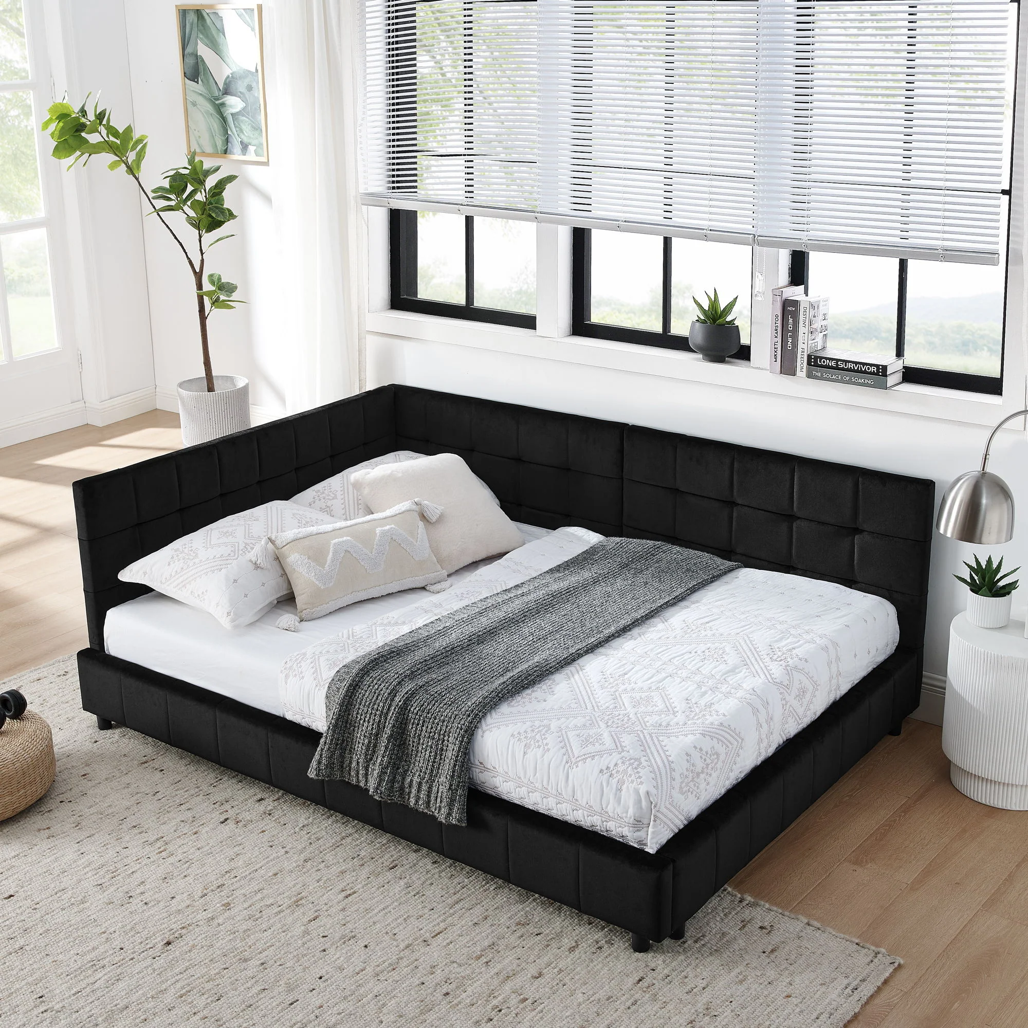 Mid-Century Storage Upholstered Tufted Bed Frame With Backrest And Armrests - Image 147