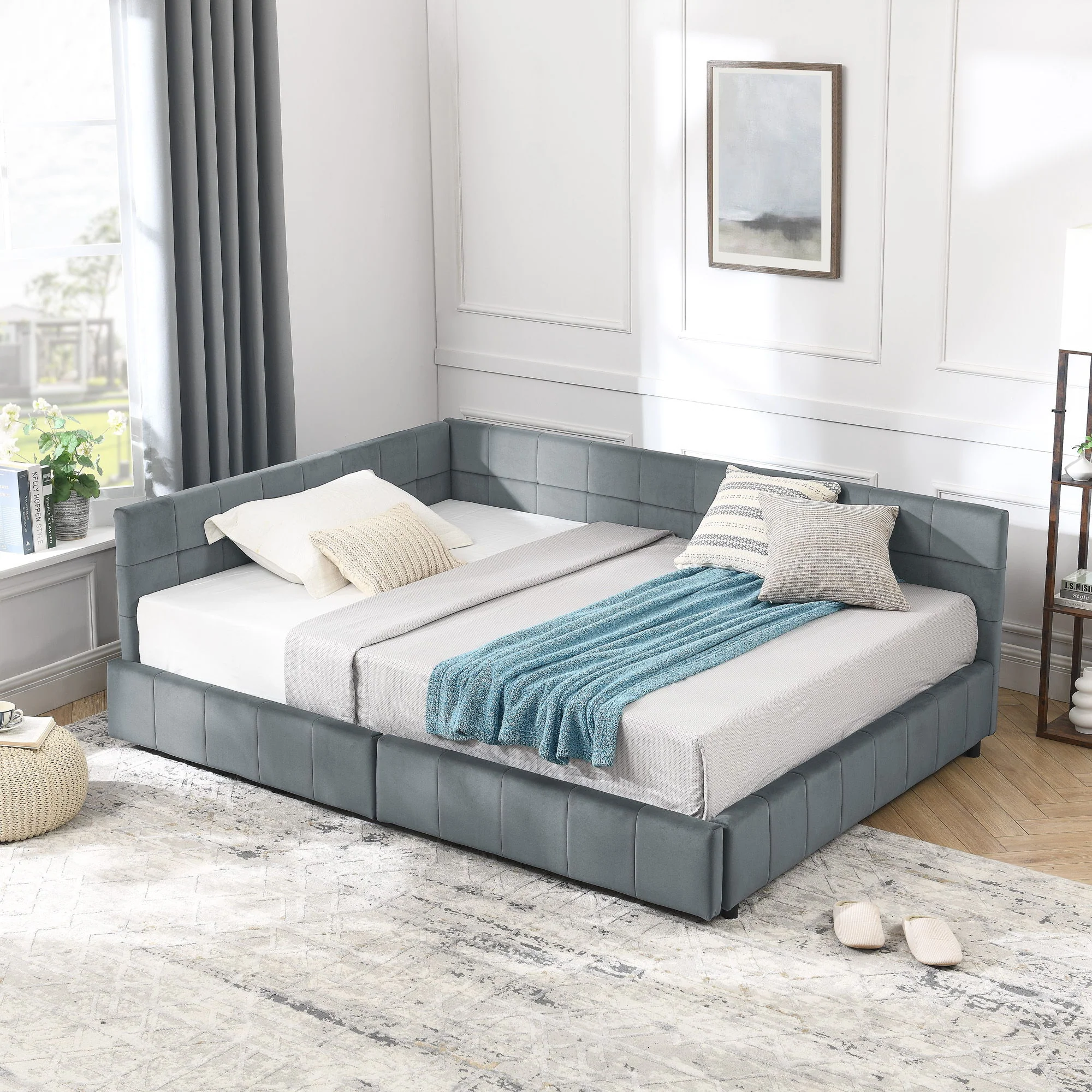 Mid-Century Storage Upholstered Tufted Bed Frame With Backrest And Armrests - Image 148
