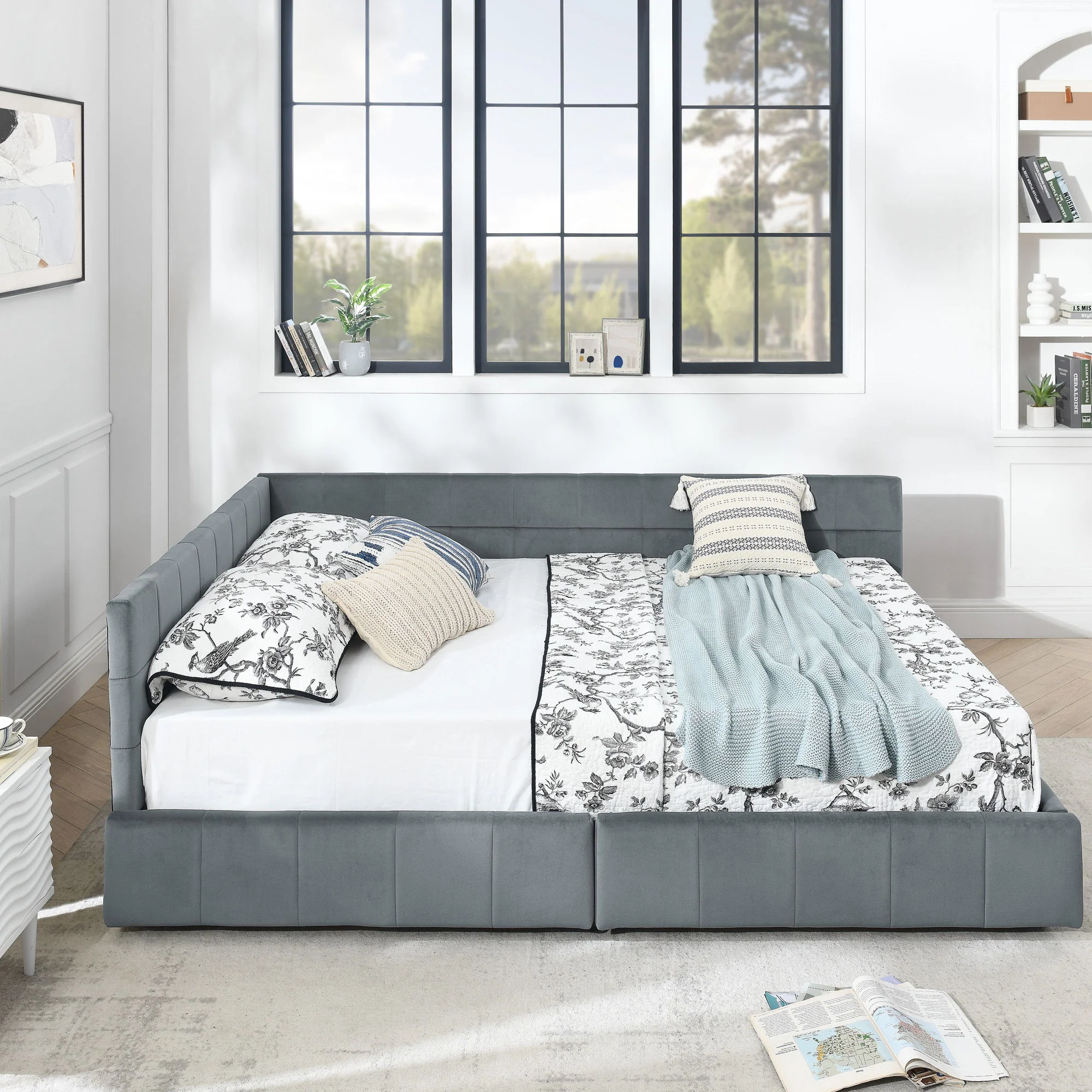 Mid-Century Storage Upholstered Tufted Bed Frame With Backrest And Armrests - Image 149