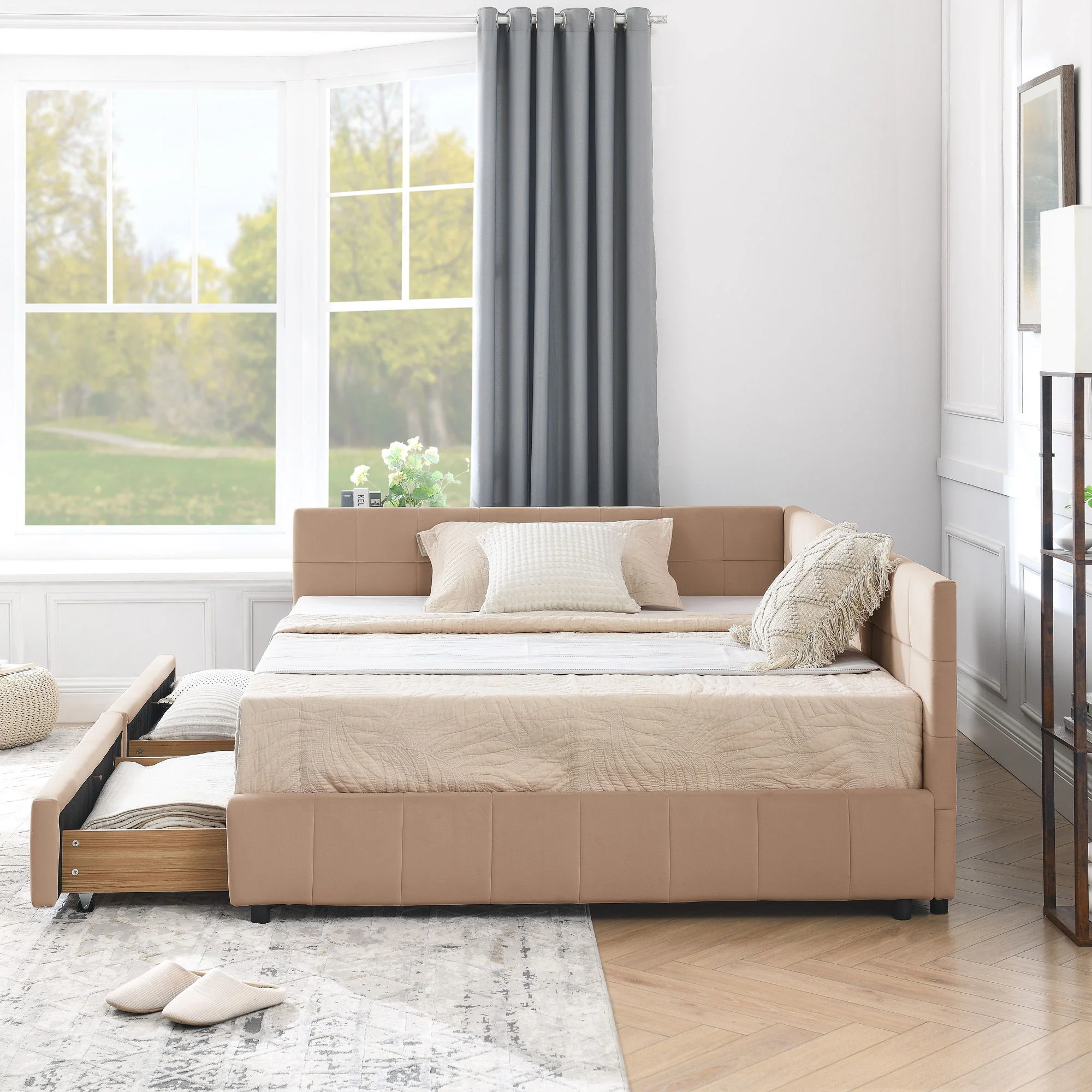 Mid-Century Storage Upholstered Tufted Bed Frame With Backrest And Armrests - Image 151