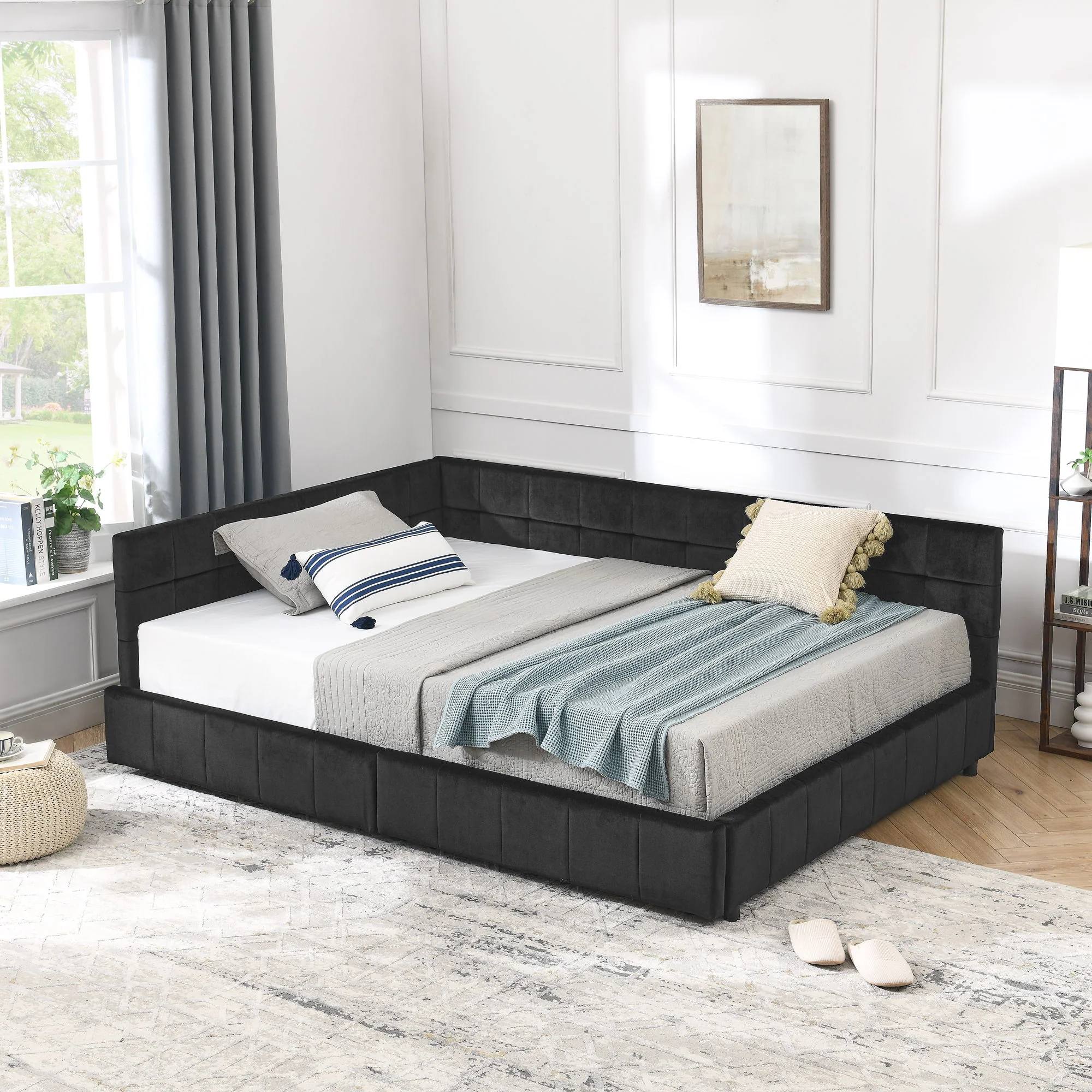 Mid-Century Storage Upholstered Tufted Bed Frame With Backrest And Armrests - Image 161