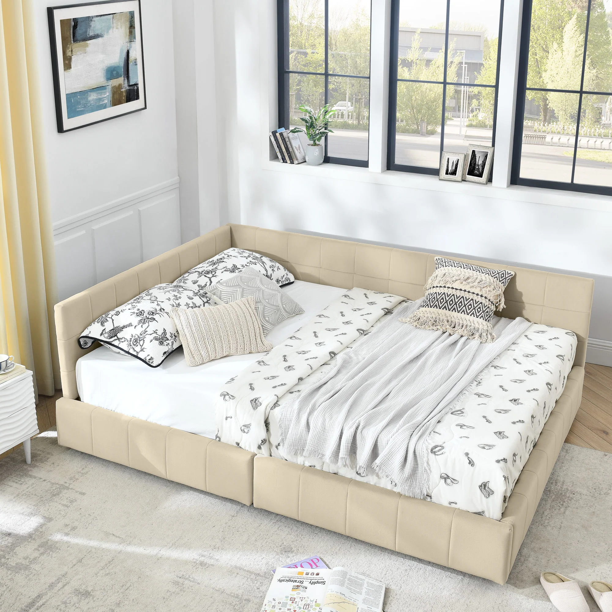 Mid-Century Storage Upholstered Tufted Bed Frame With Backrest And Armrests - Image 163