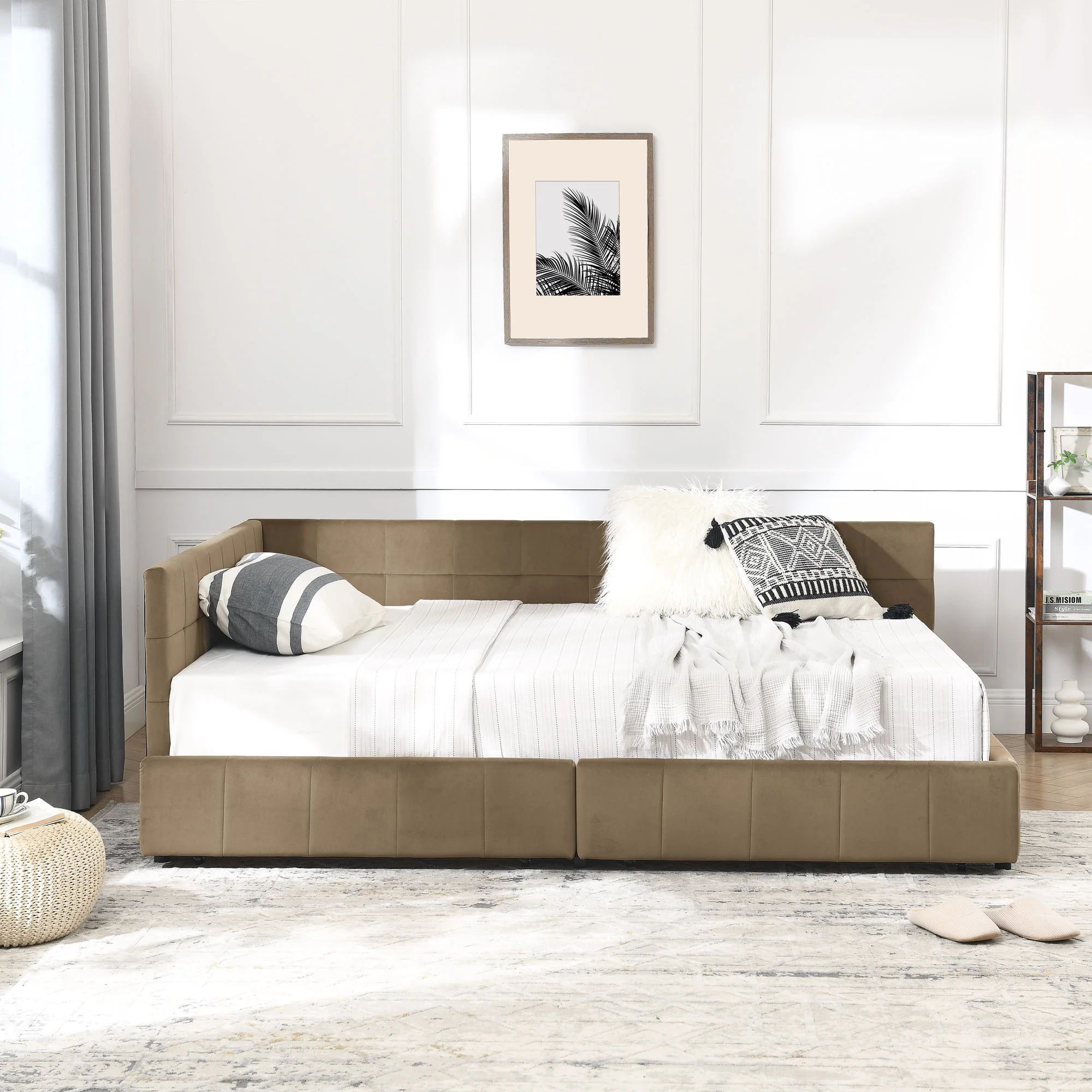 Mid-Century Storage Upholstered Tufted Bed Frame With Backrest And Armrests - Image 170