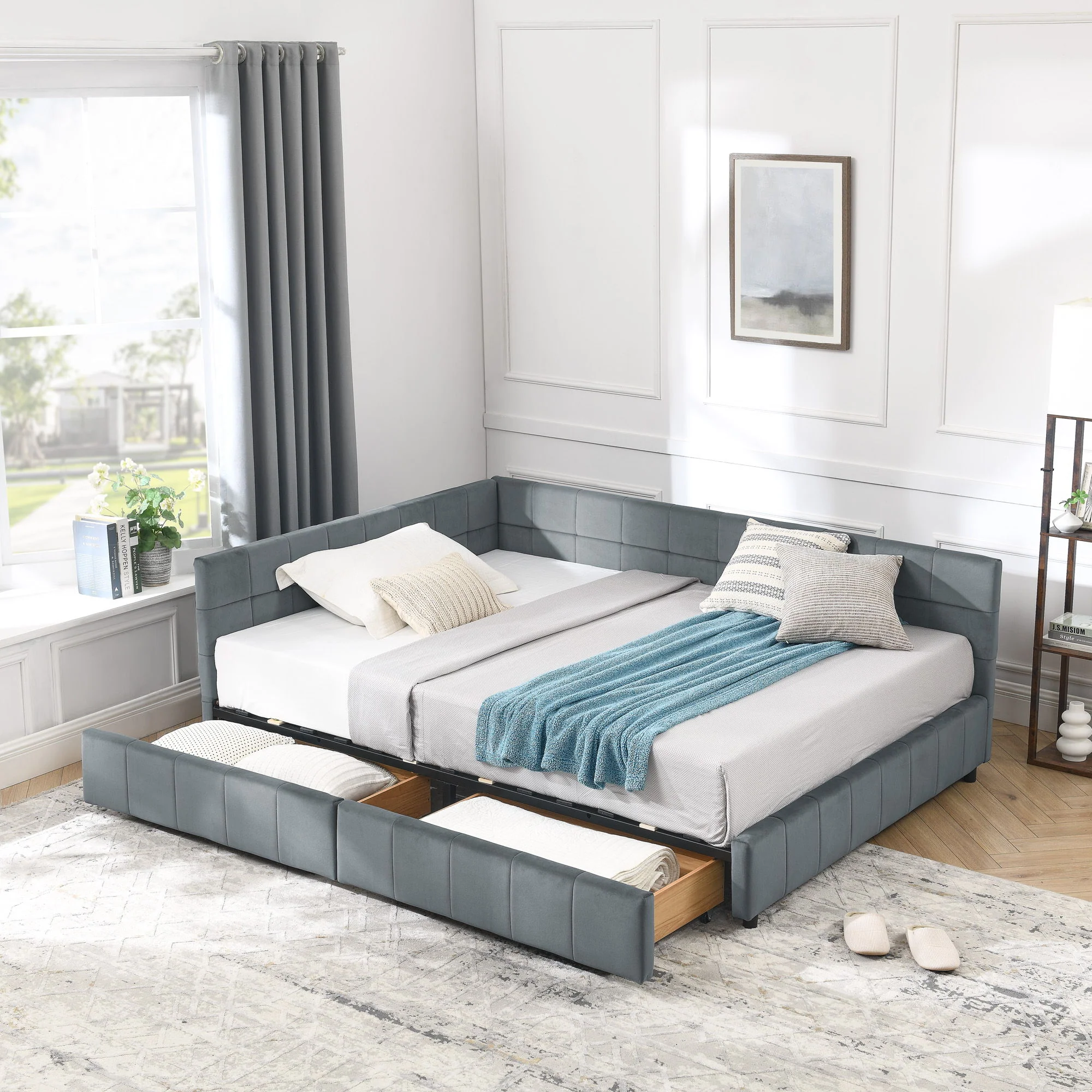 Mid-Century Storage Upholstered Tufted Bed Frame With Backrest And Armrests - Image 28