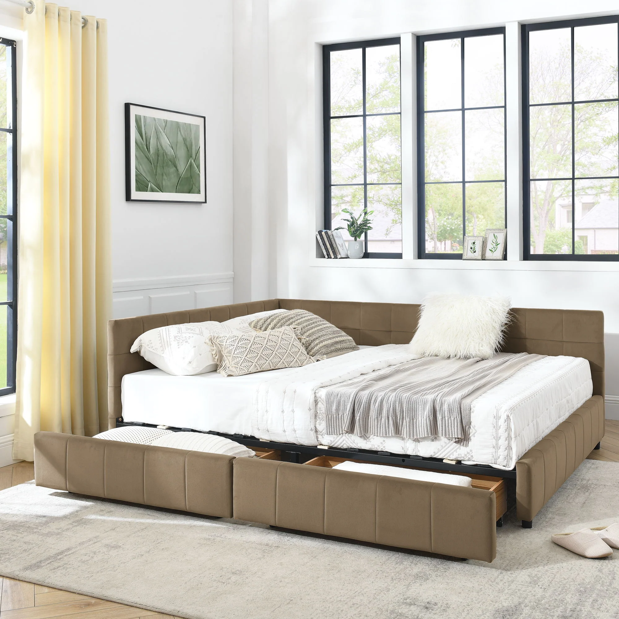 Mid-Century Storage Upholstered Tufted Bed Frame With Backrest And Armrests - Image 39