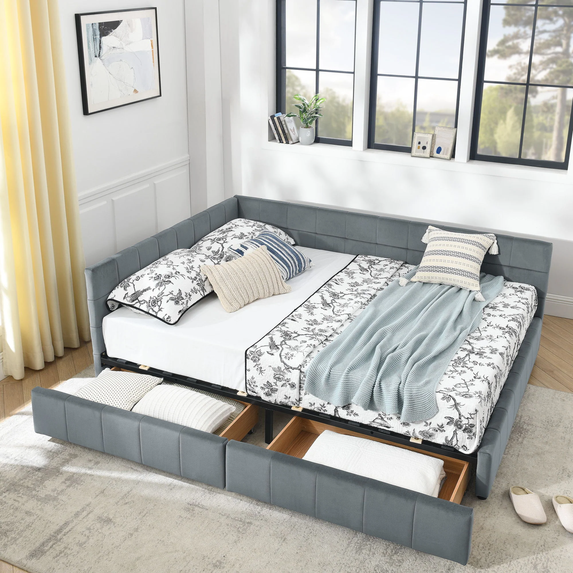 Mid-Century Storage Upholstered Tufted Bed Frame With Backrest And Armrests - Image 48