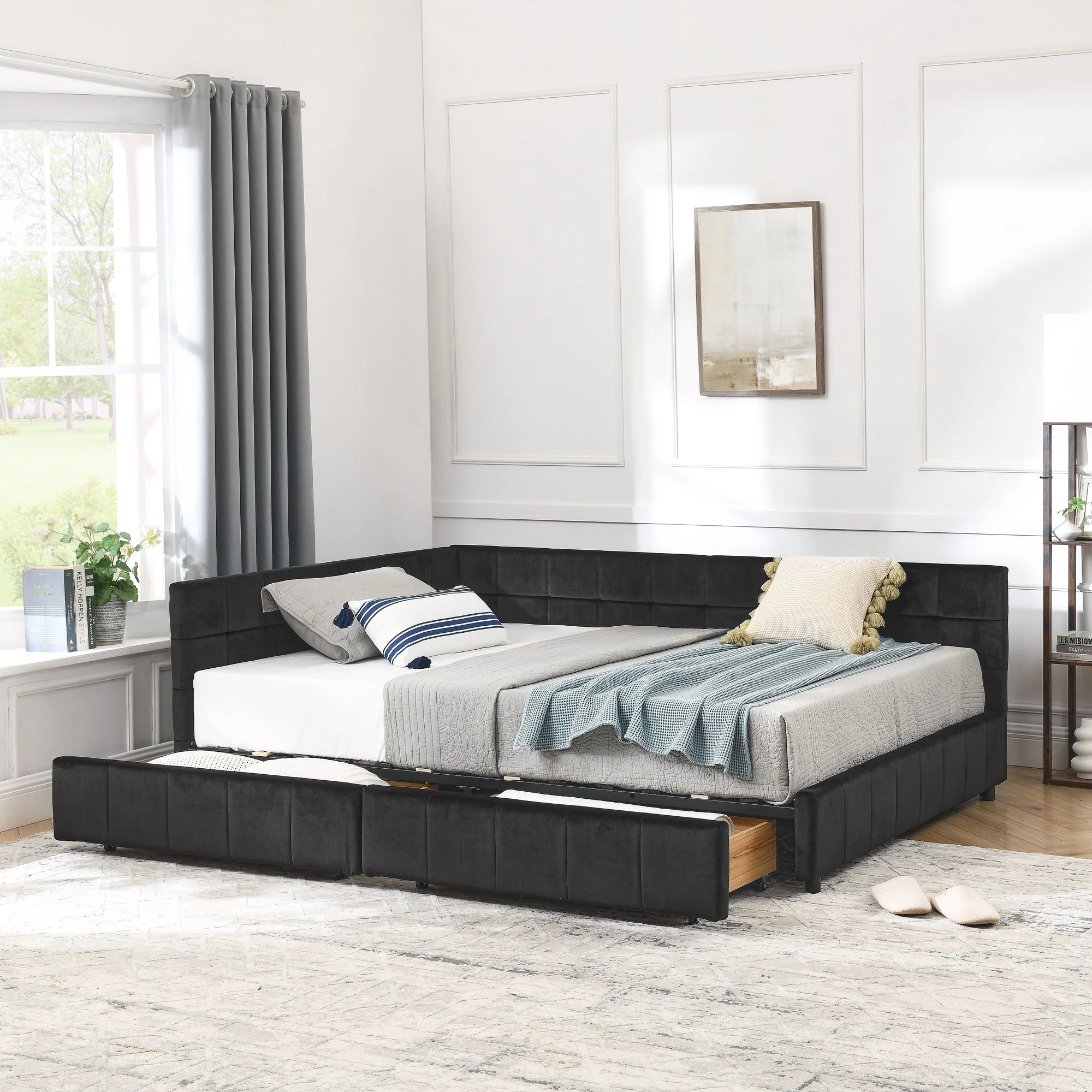 Mid-Century Storage Upholstered Tufted Bed Frame With Backrest And Armrests - Image 51