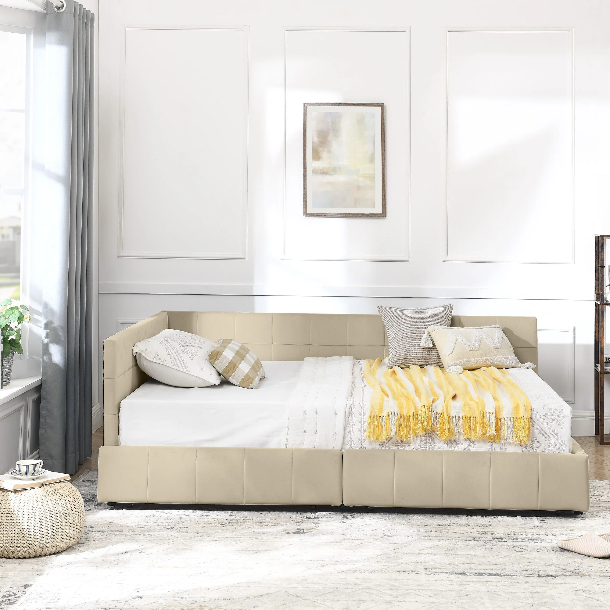 Mid-Century Storage Upholstered Tufted Bed Frame With Backrest And Armrests - Image 74