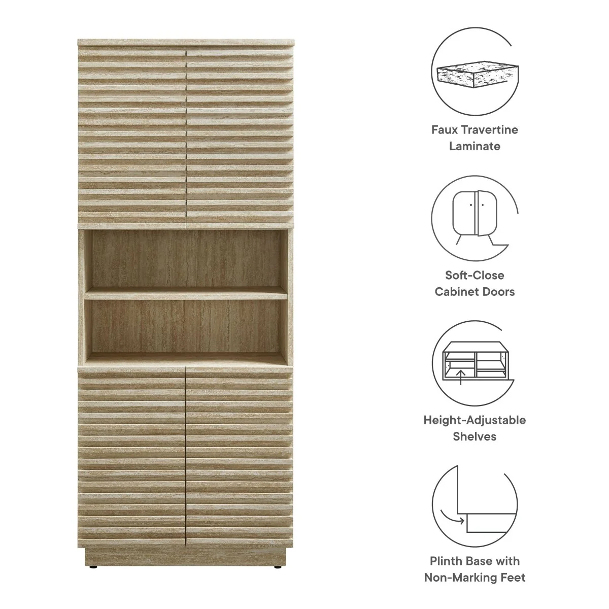 59" Faux Travertine Mid-Century Tall Linen Storage Cabinet - Image 3