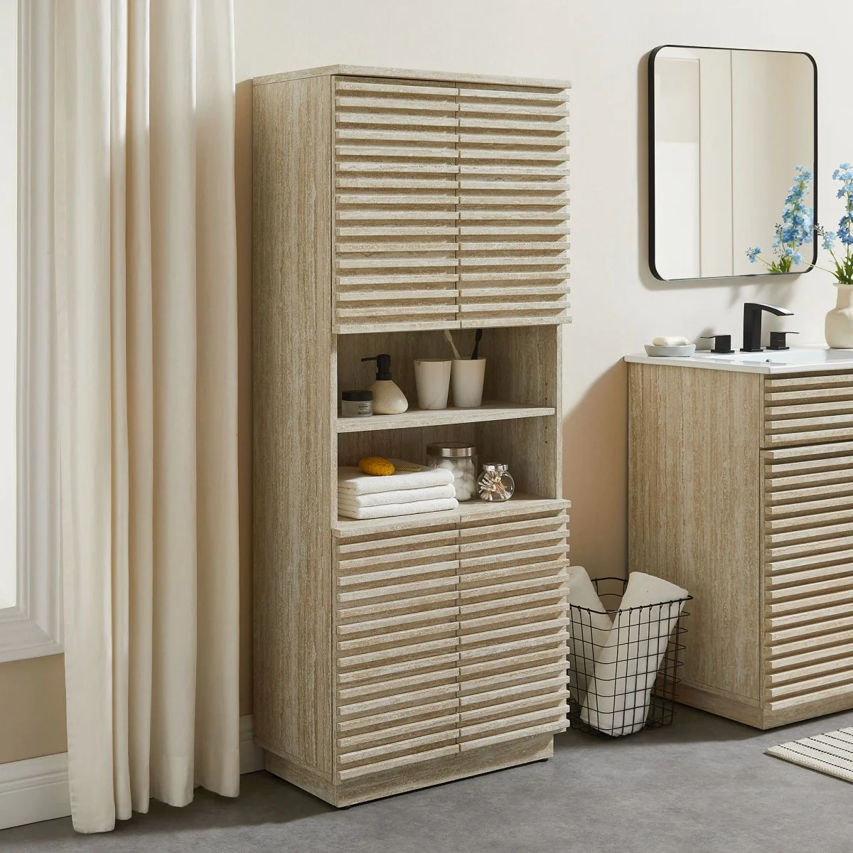 59" Faux Travertine Mid-Century Tall Linen Storage Cabinet - Image 4