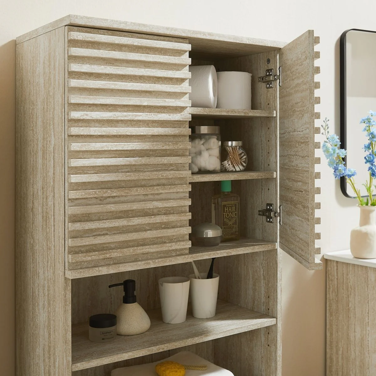 59" Faux Travertine Mid-Century Tall Linen Storage Cabinet - Image 5