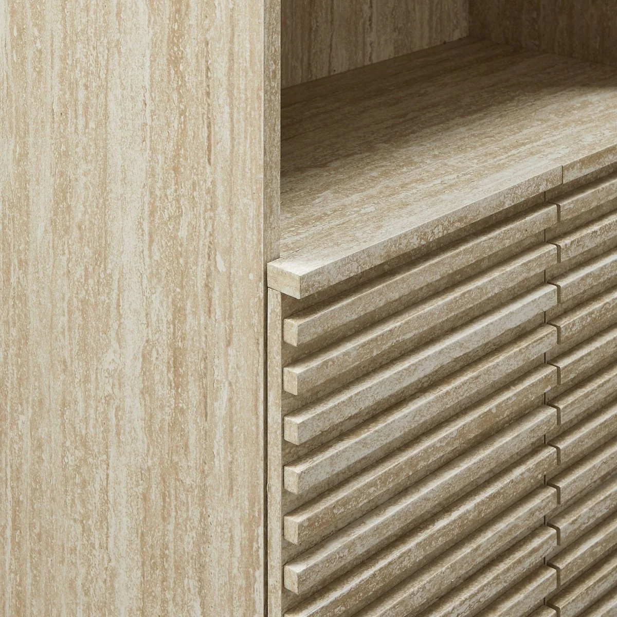 59" Faux Travertine Mid-Century Tall Linen Storage Cabinet - Image 9