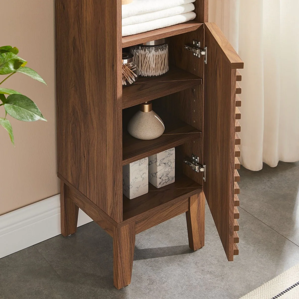 Mid-Century Tall Narrow Bathroom Storage Cabinet with Shelves and Doors - Image 5