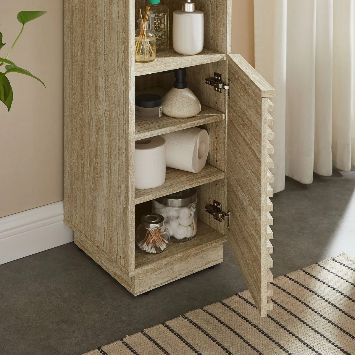 59" Faux Travertine Mid-Century Tall Narrow Linen Storage Cabinet - Image 5