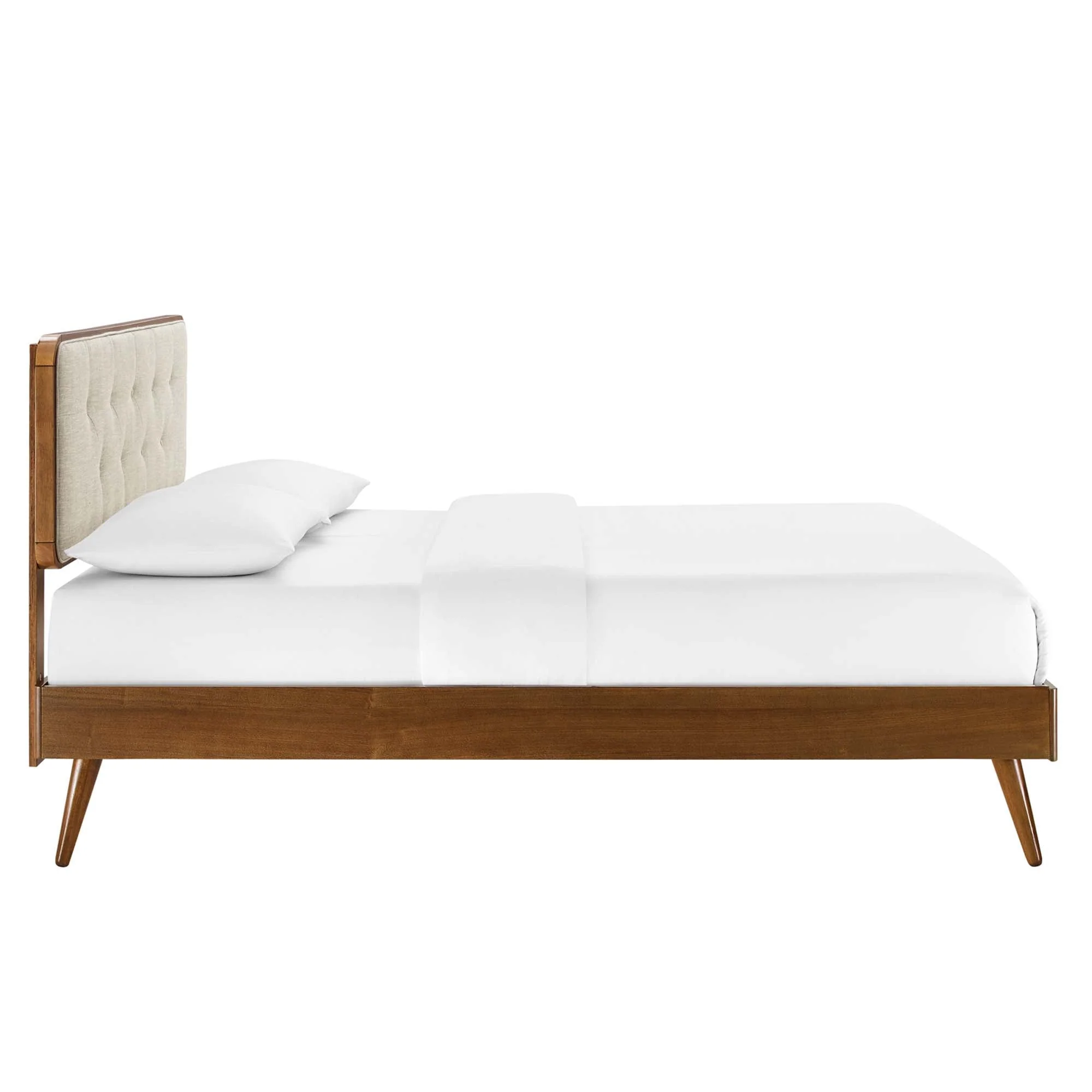 Mid Century Tufted Wood Platform Bed with Splayed Legs - Image 17