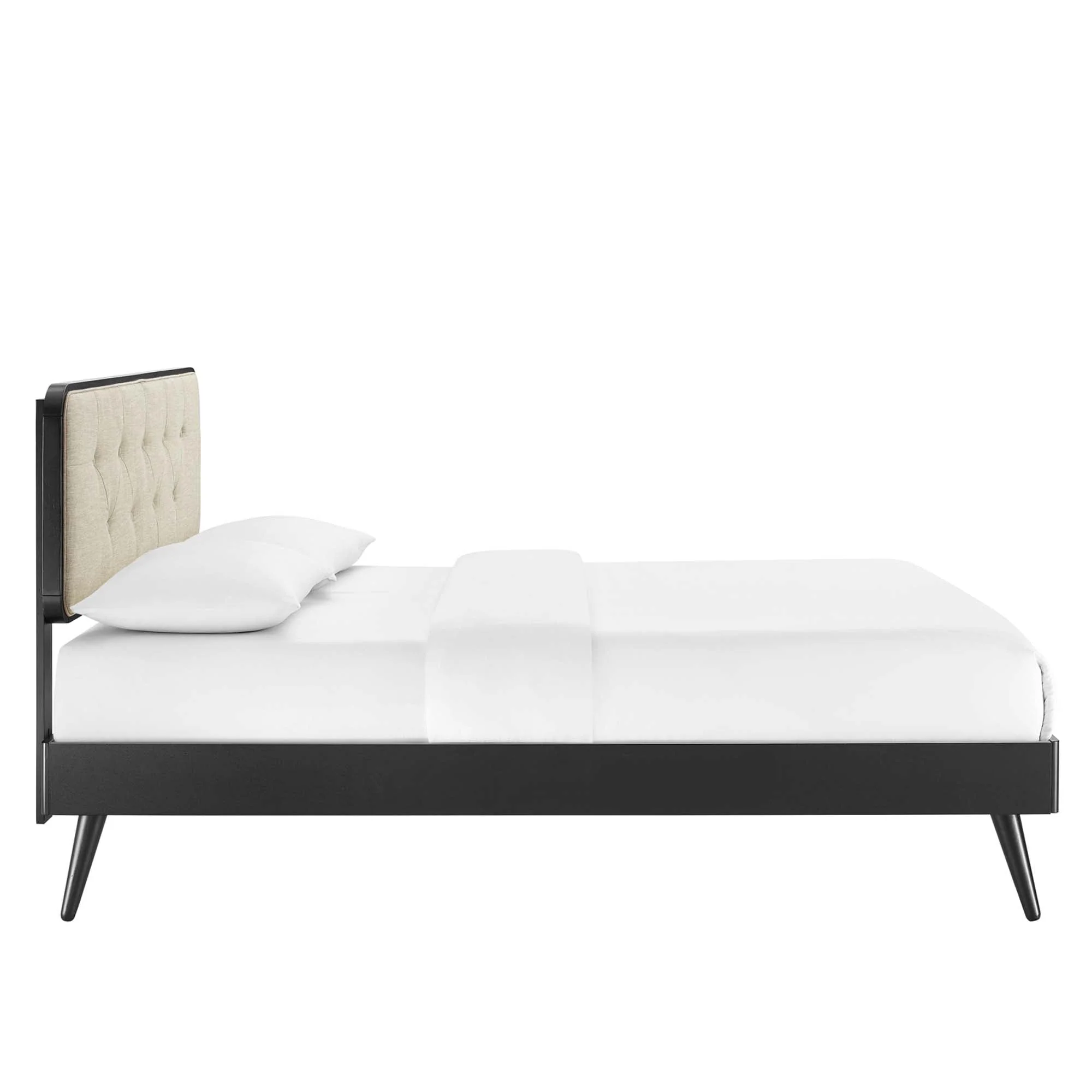 Mid Century Tufted Wood Platform Bed with Splayed Legs - Image 23