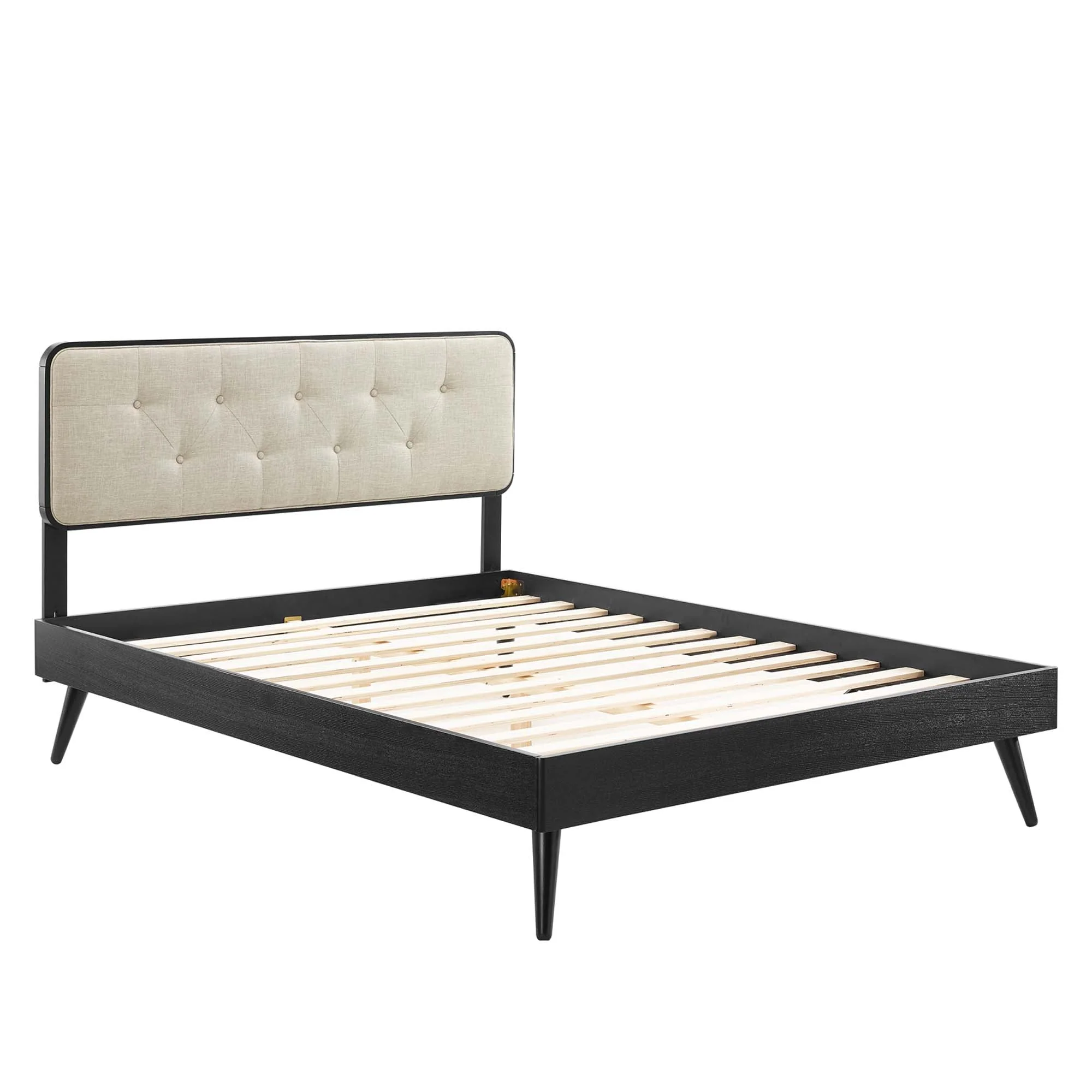 Mid Century Tufted Wood Platform Bed with Splayed Legs - Image 42