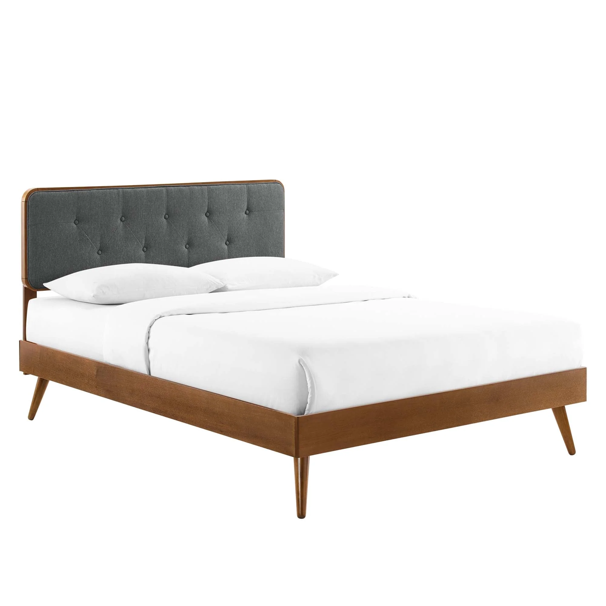 Mid Century Tufted Wood Platform Bed with Splayed Legs - Image 43