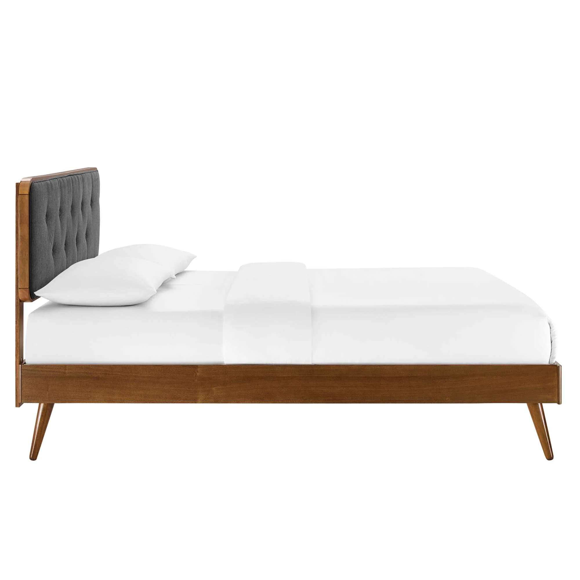 Mid Century Tufted Wood Platform Bed with Splayed Legs - Image 47