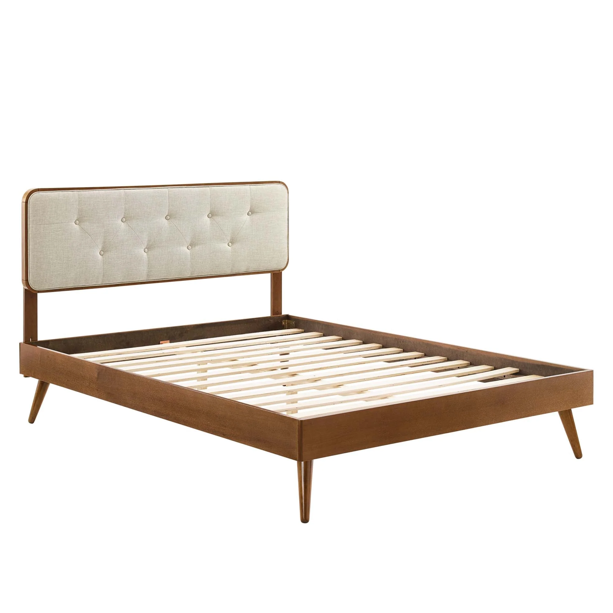 Mid Century Tufted Wood Platform Bed with Splayed Legs - Image 6