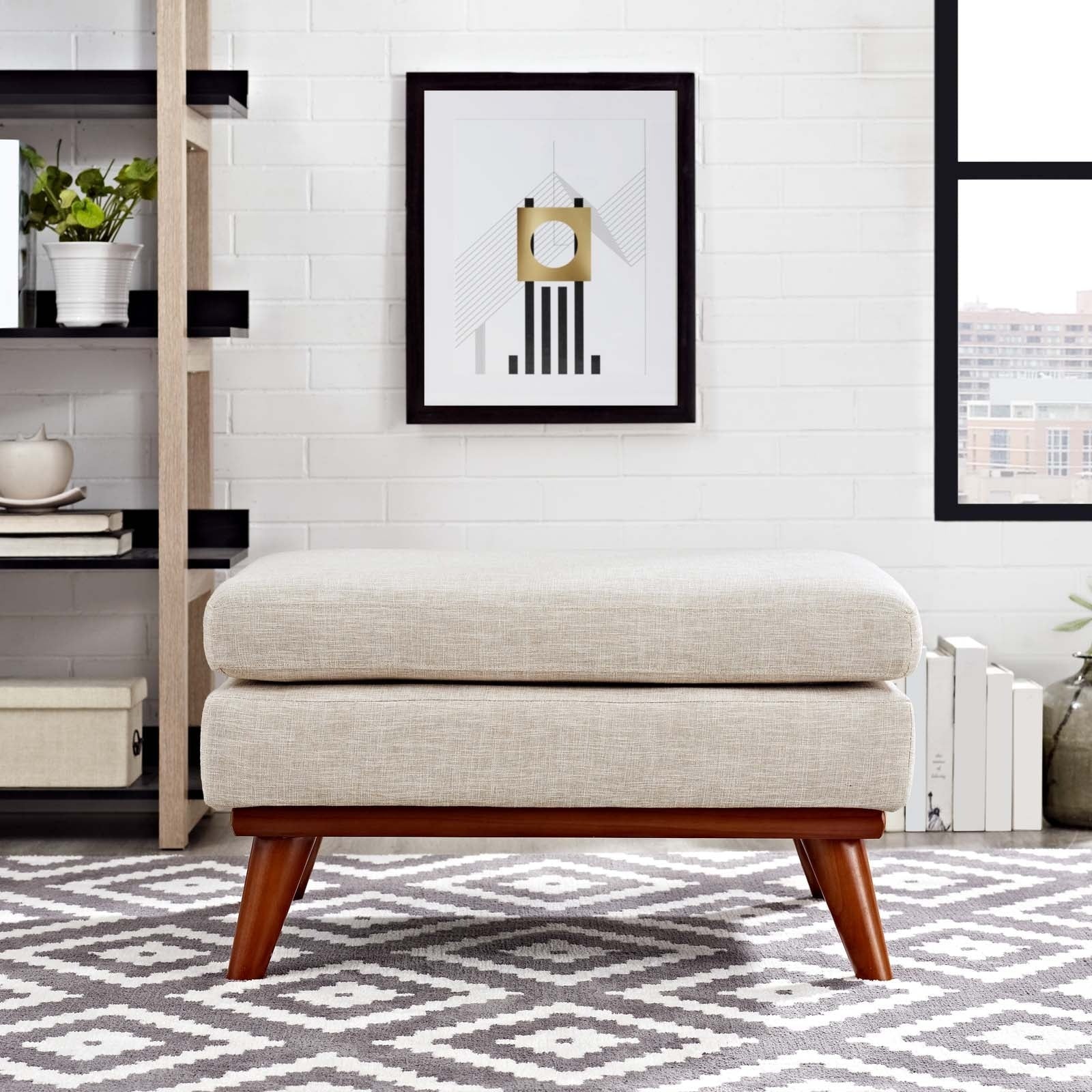 Mid Century Upholstered Fabric Ottoman with Wood Legs – 32 Inch - Image 6